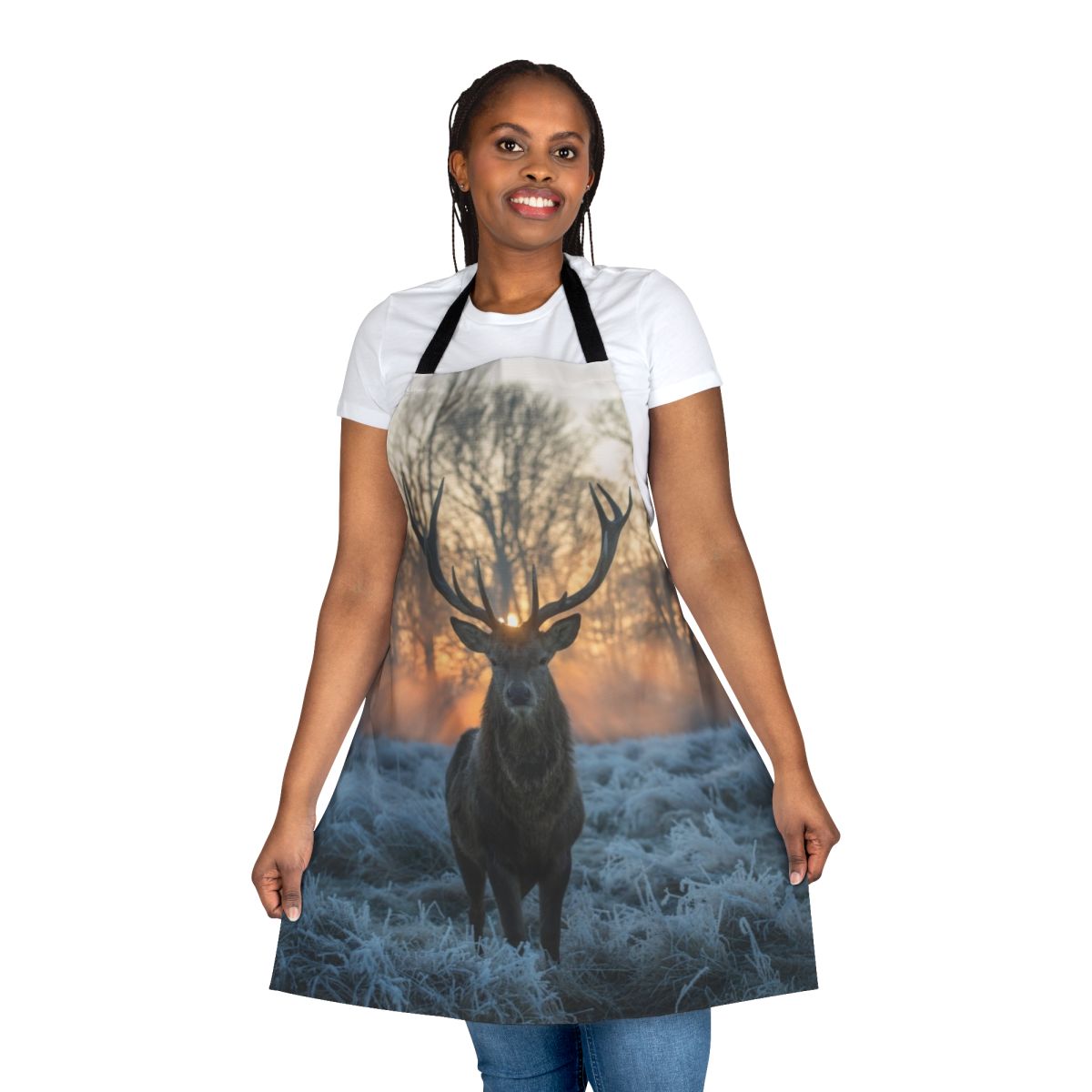 Artistic illustration of a majestic stag against a backdrop of winter landscapes