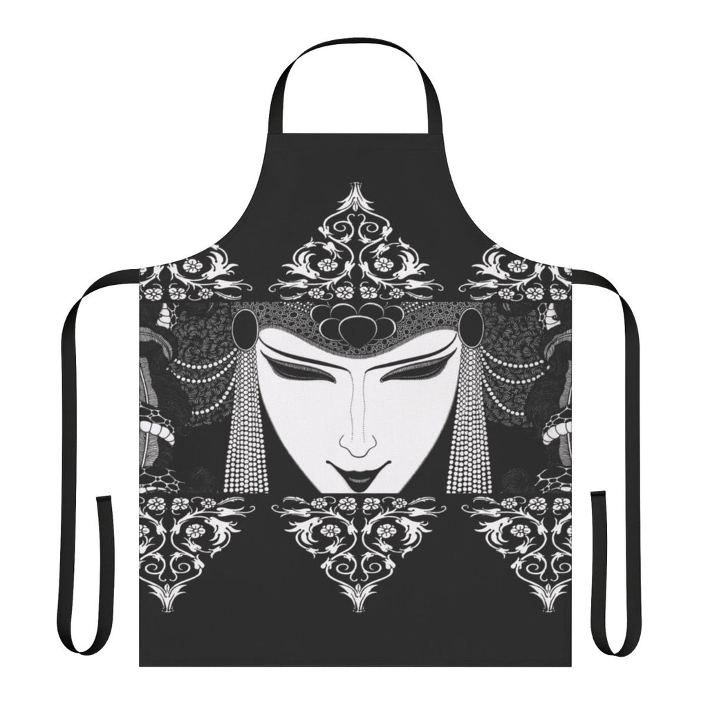 Apron featuring a black and white illustration in the gothic style of artist Aubrey Beardsley
