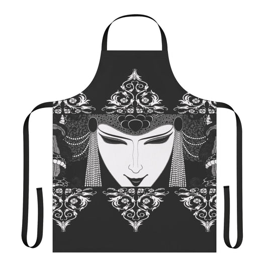 Apron featuring a black and white illustration in the gothic style of artist Aubrey Beardsley