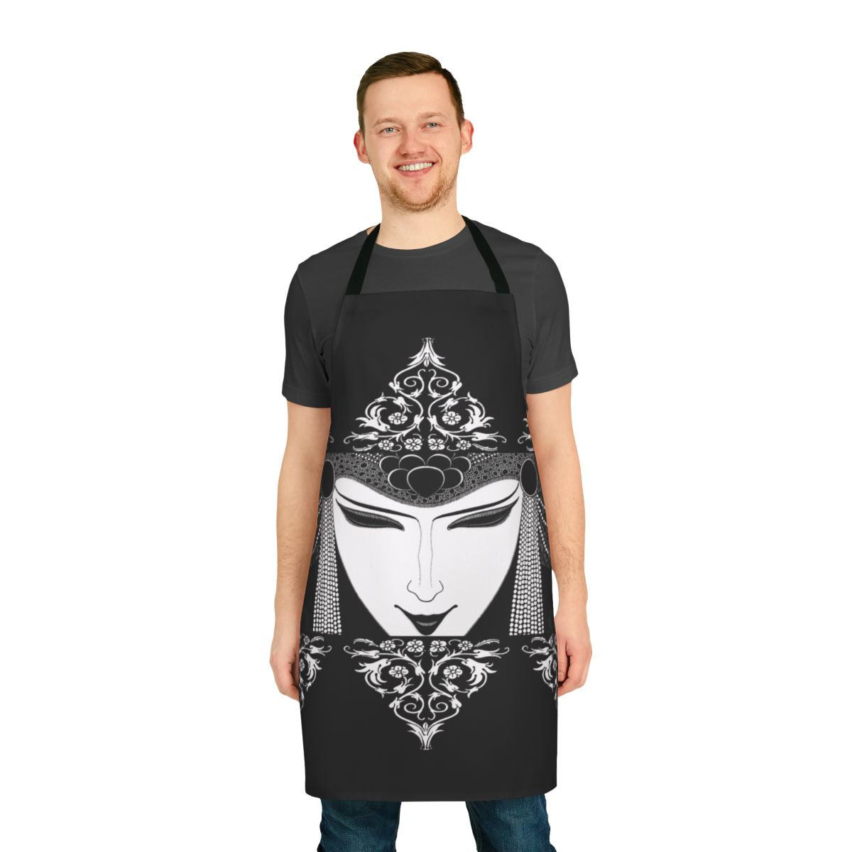 Apron featuring a black and white illustration in the gothic style of artist Aubrey Beardsley