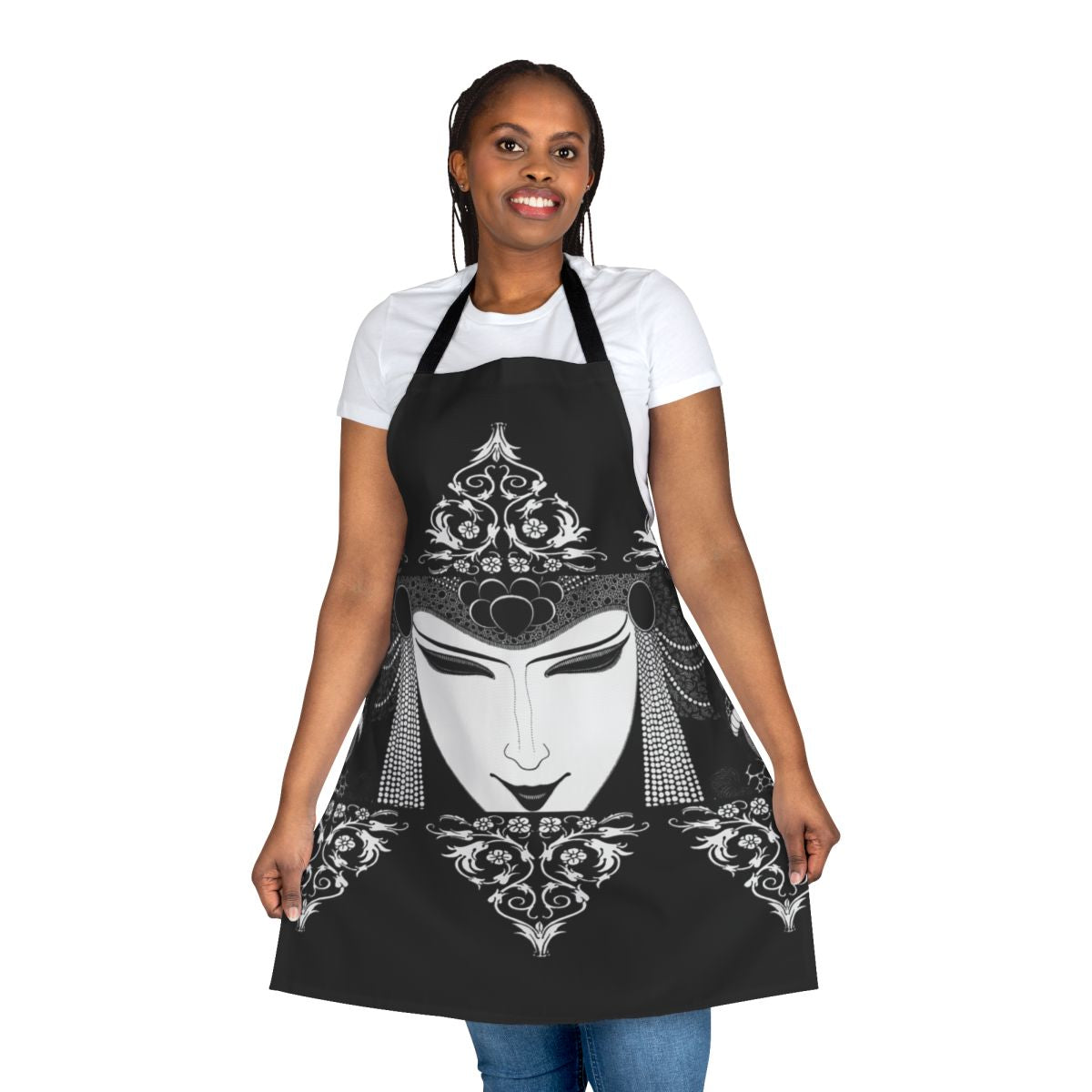 Apron featuring a black and white illustration in the gothic style of artist Aubrey Beardsley