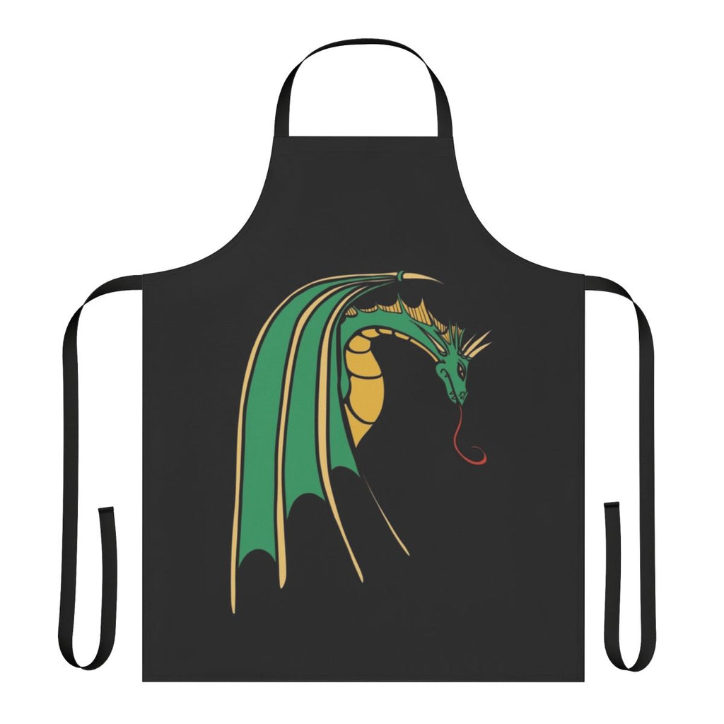 A vibrant green dragon design printed on a high-quality apron, perfect for nerdy kitchen adventures.