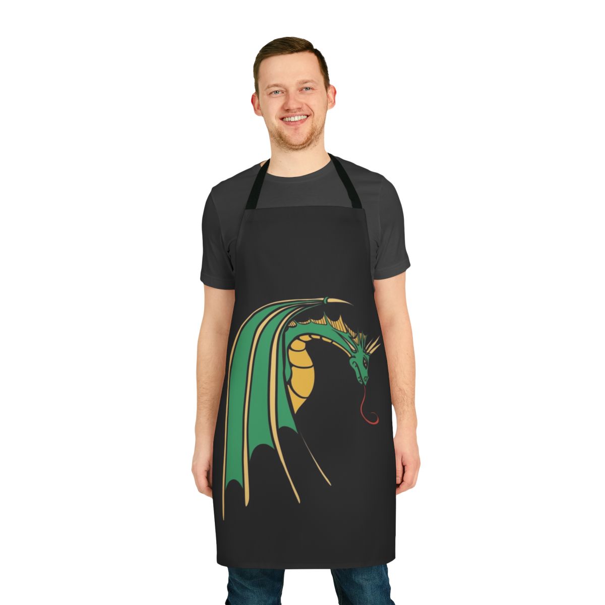 A vibrant green dragon design printed on a high-quality apron, perfect for nerdy kitchen adventures.