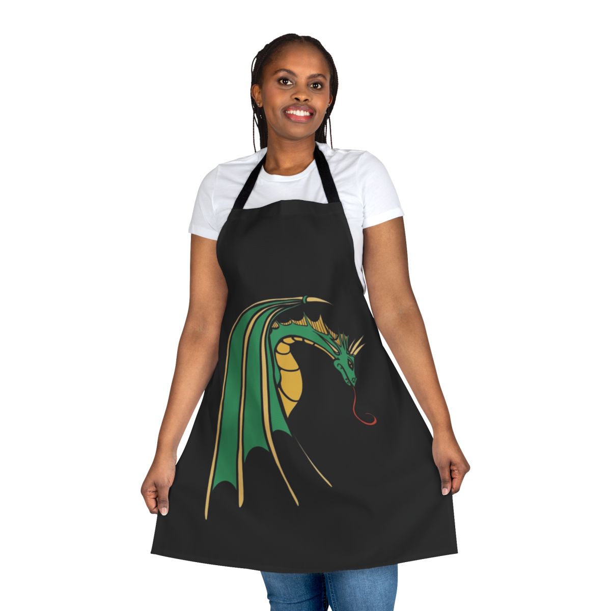 A vibrant green dragon design printed on a high-quality apron, perfect for nerdy kitchen adventures.