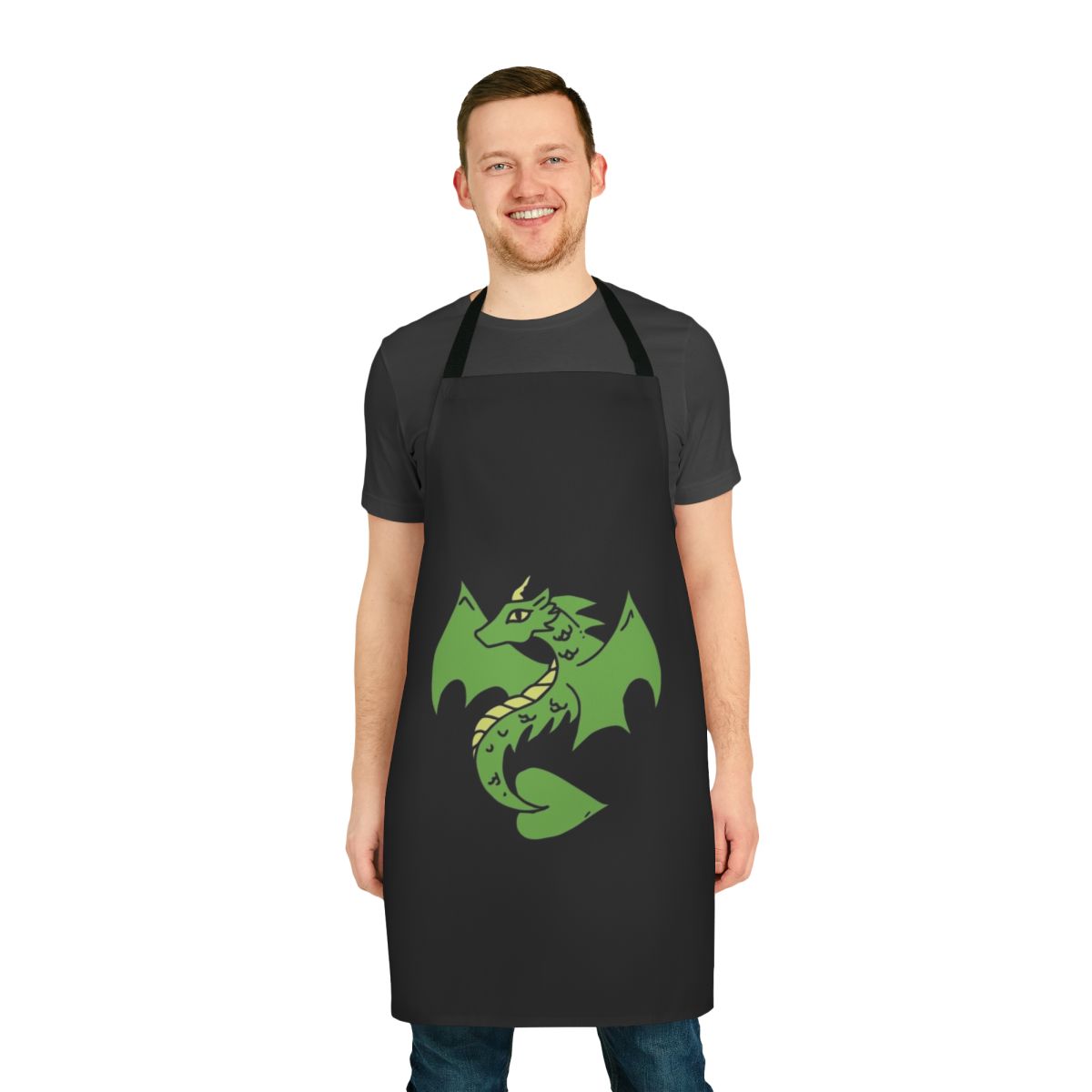 Green dragon-themed apron with a whimsical, fantasy-inspired design