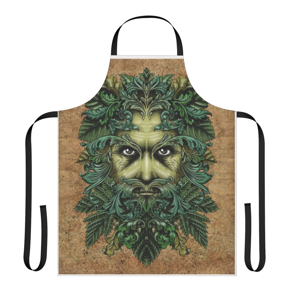 Image of a decorative apron featuring a stylized greenman illustration with intricate leaf and scroll designs.