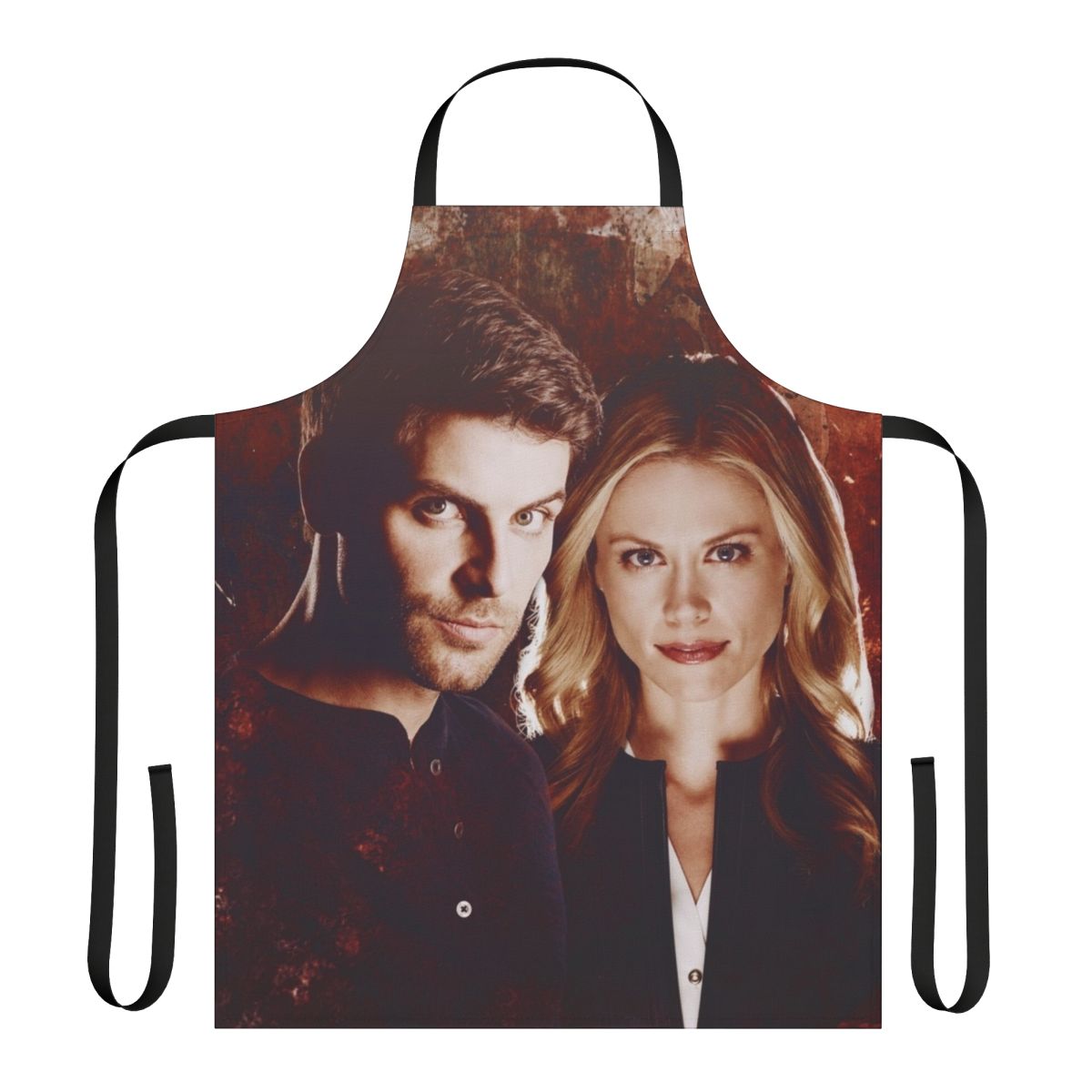 Whimsical Grimm-themed apron featuring characters Nick Burkhardt and Adalind Schade