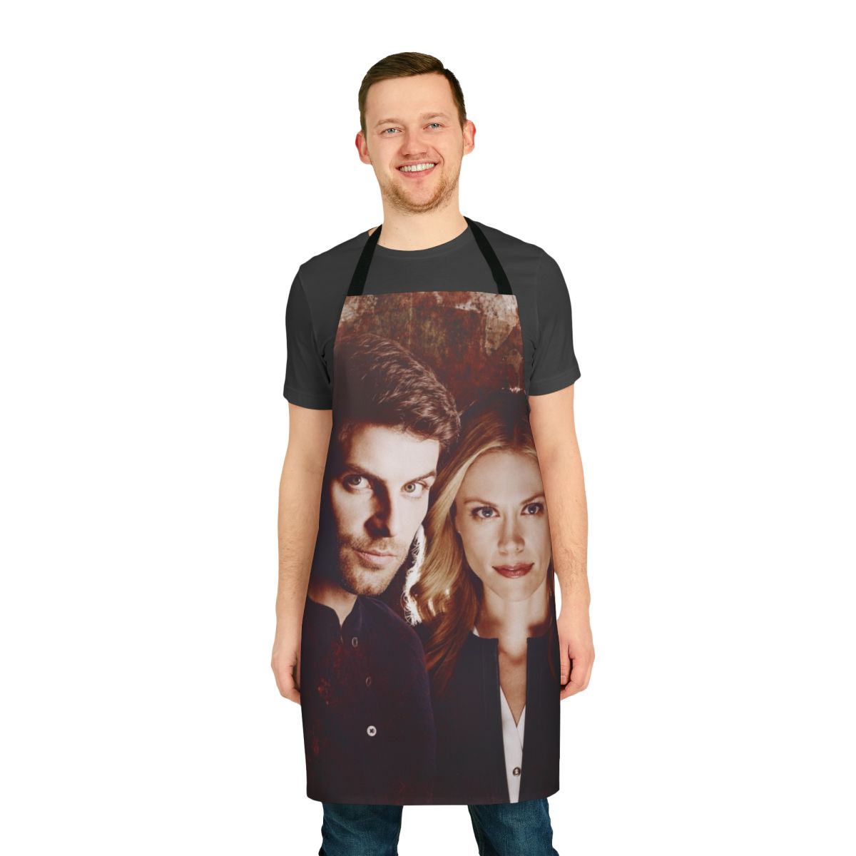 Whimsical Grimm-themed apron featuring characters Nick Burkhardt and Adalind Schade