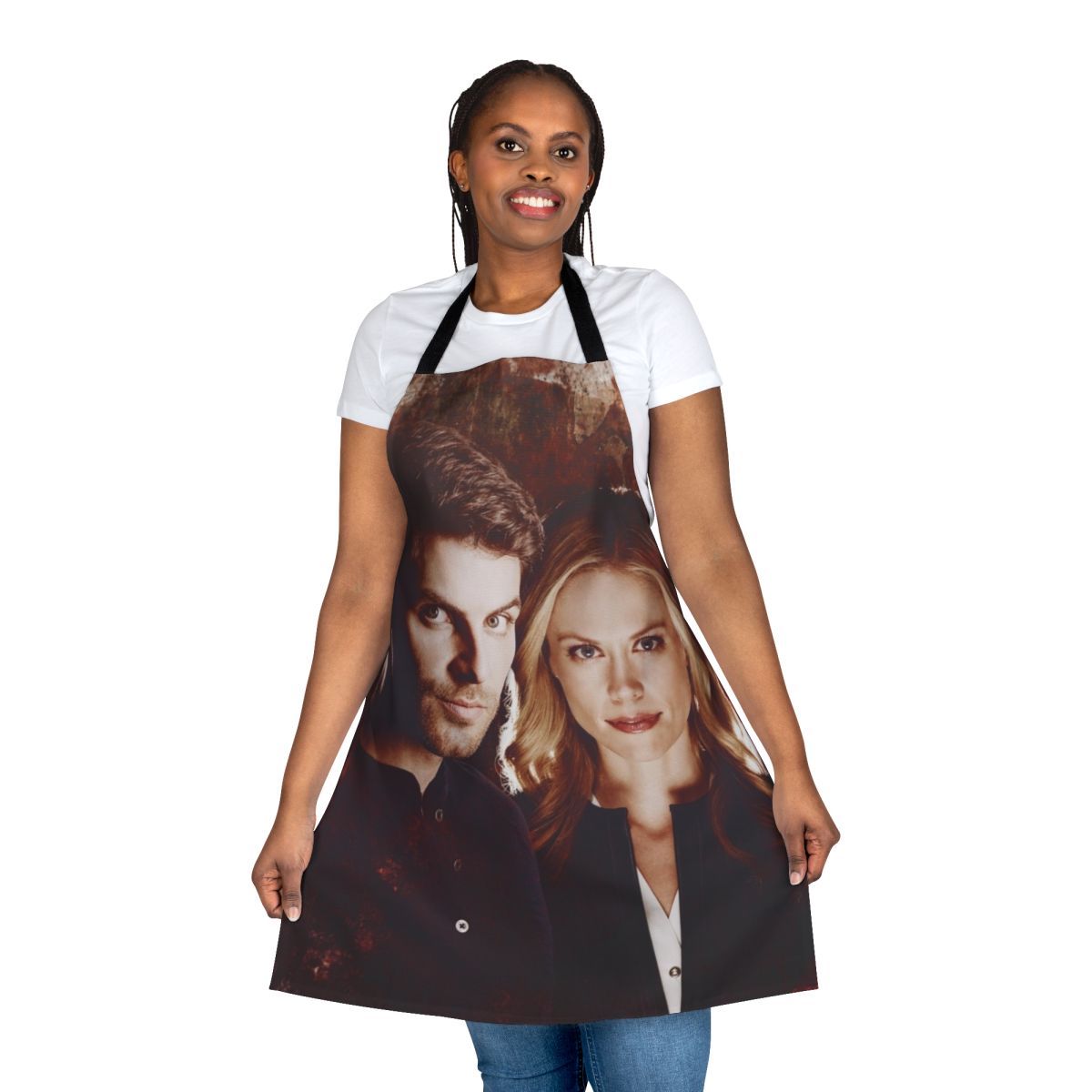 Whimsical Grimm-themed apron featuring characters Nick Burkhardt and Adalind Schade
