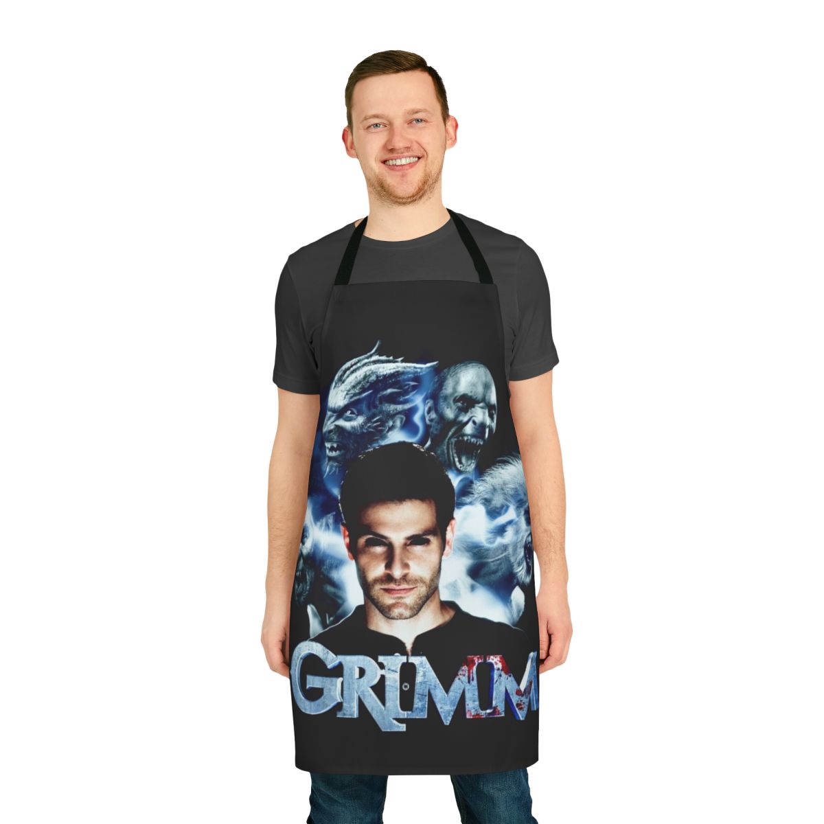 A stylish apron featuring characters and elements from the Grimm fairy tales, perfect for fans of fantasy and magical creatures.