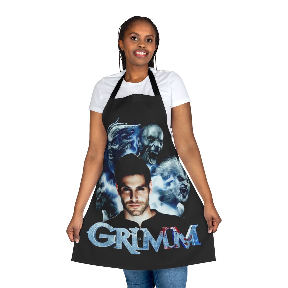A stylish apron featuring characters and elements from the Grimm fairy tales, perfect for fans of fantasy and magical creatures.