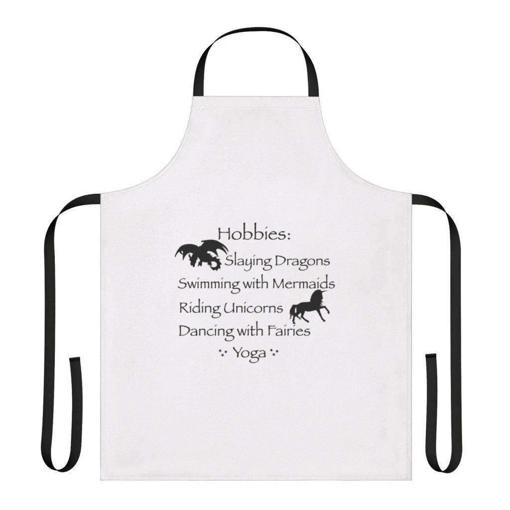 Model wearing a fantasy-themed apron with magical elements and hobbyist designs