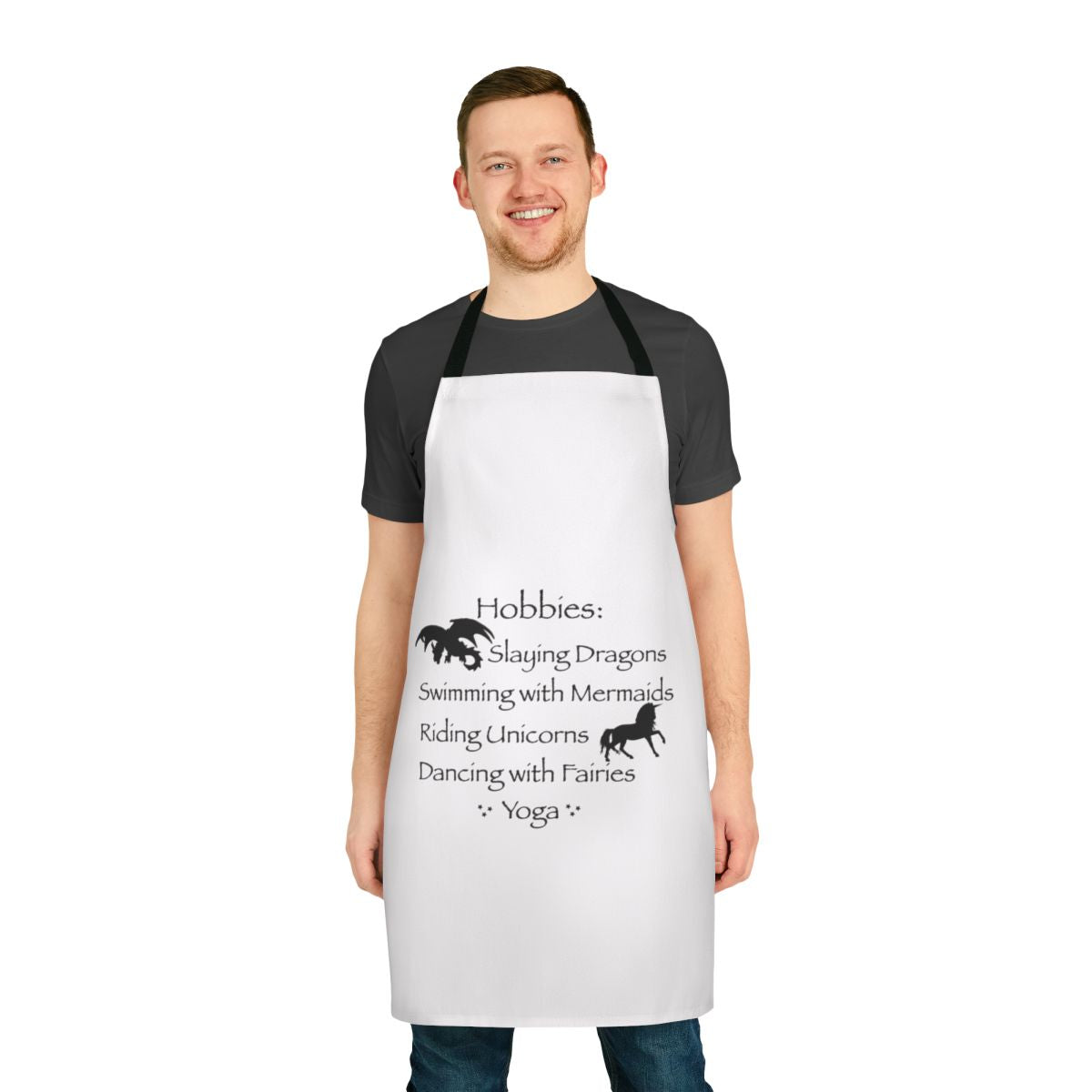 Model wearing a fantasy-themed apron with magical elements and hobbyist designs