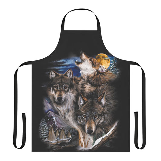 Apron featuring a mystical howling wolf design under a full moon in the wilderness.