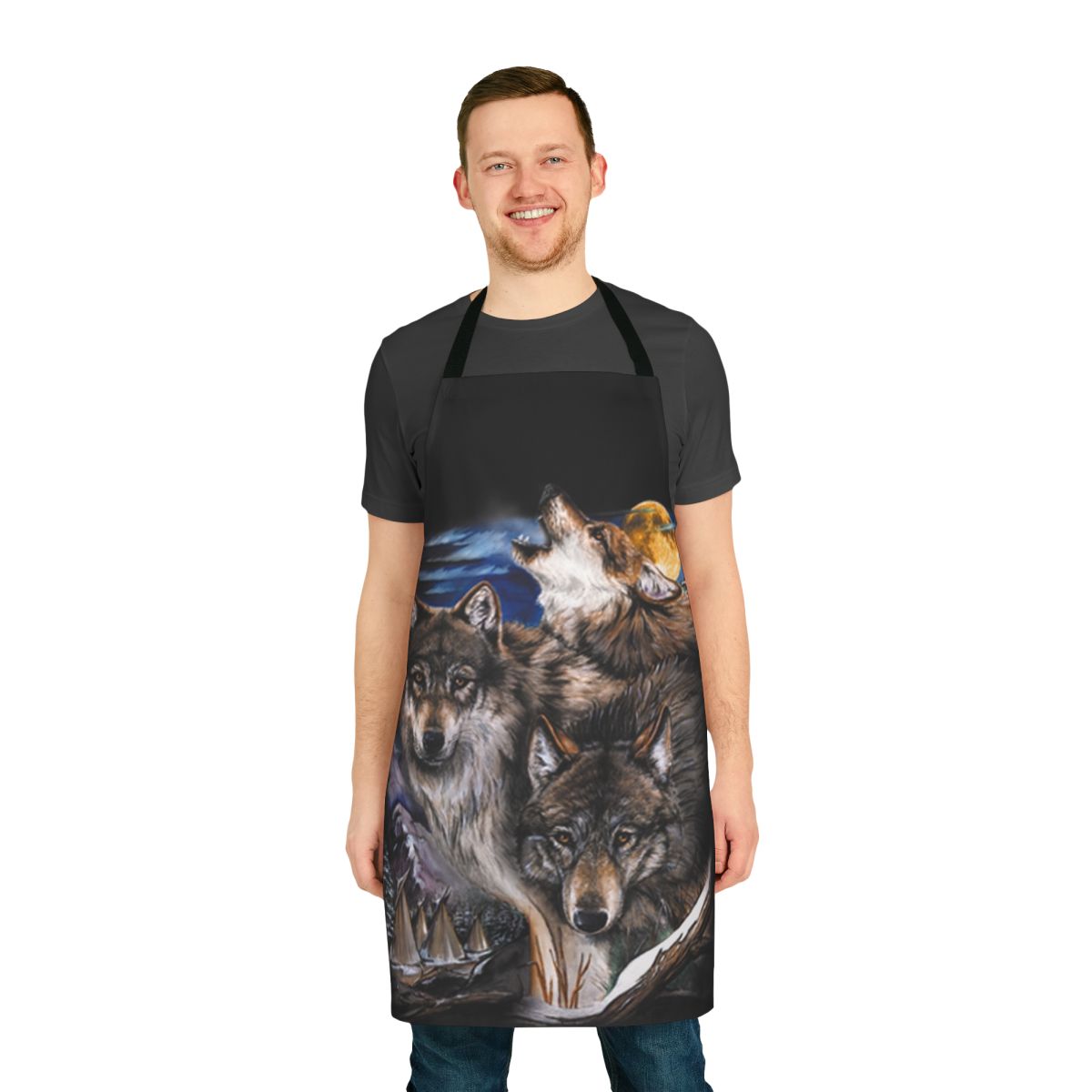 Apron featuring a mystical howling wolf design under a full moon in the wilderness.