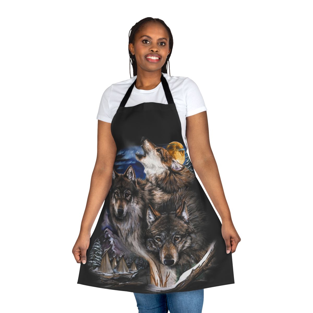 Apron featuring a mystical howling wolf design under a full moon in the wilderness.