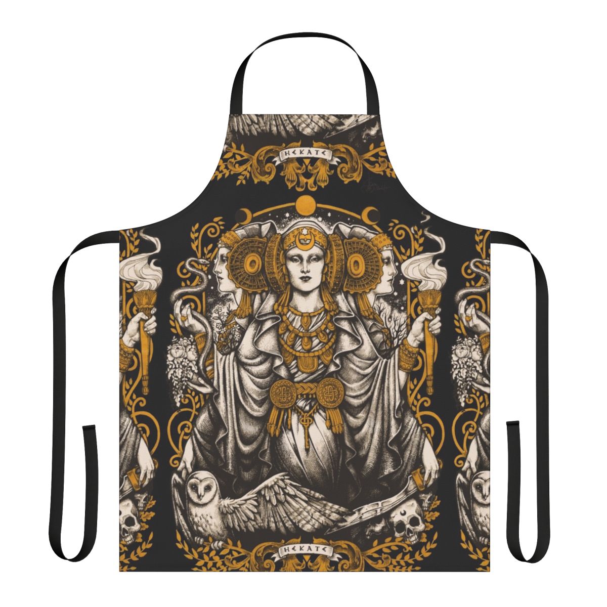 A beautifully crafted apron featuring the goddess Hecate, inspired by Iberian art and design.