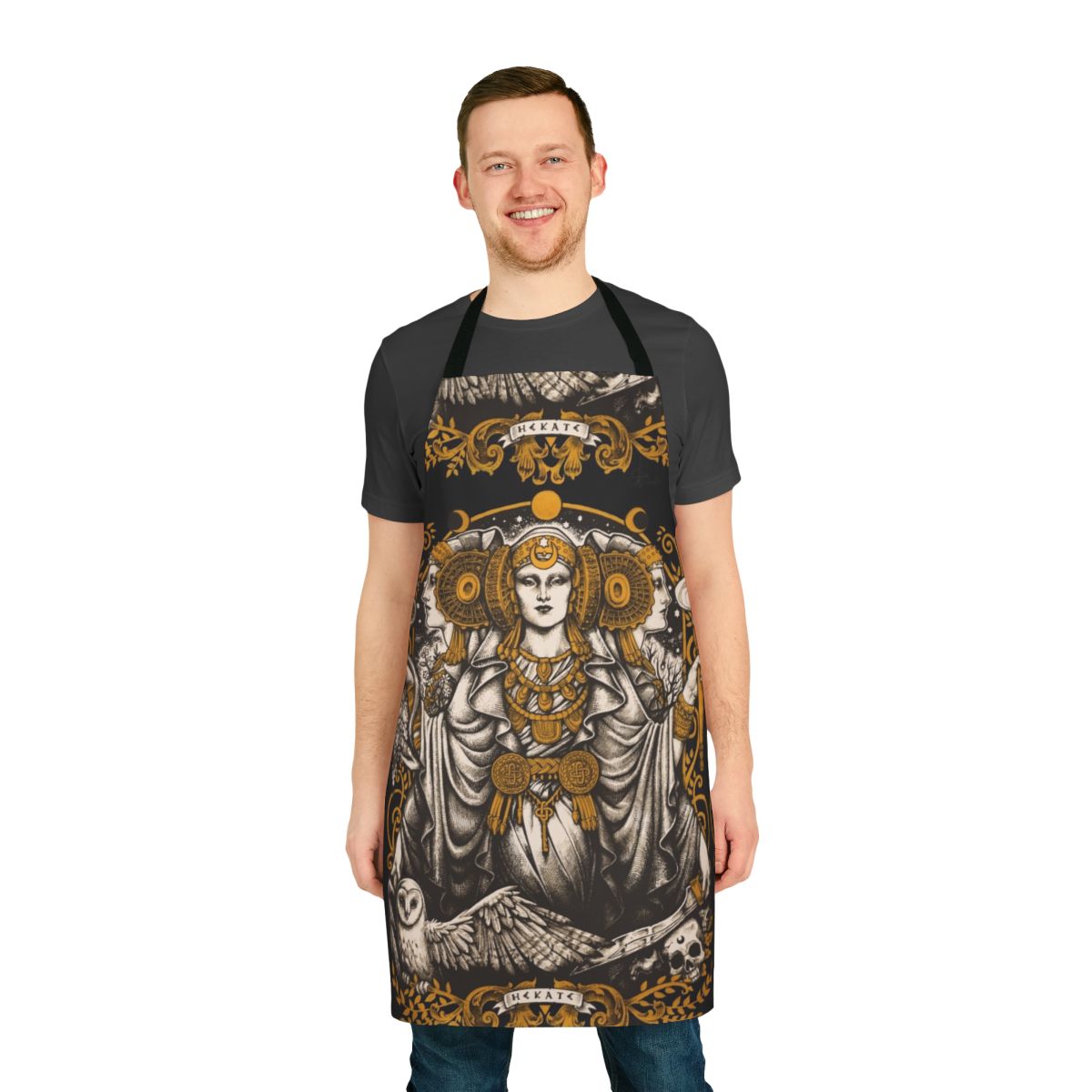 A beautifully crafted apron featuring the goddess Hecate, inspired by Iberian art and design.