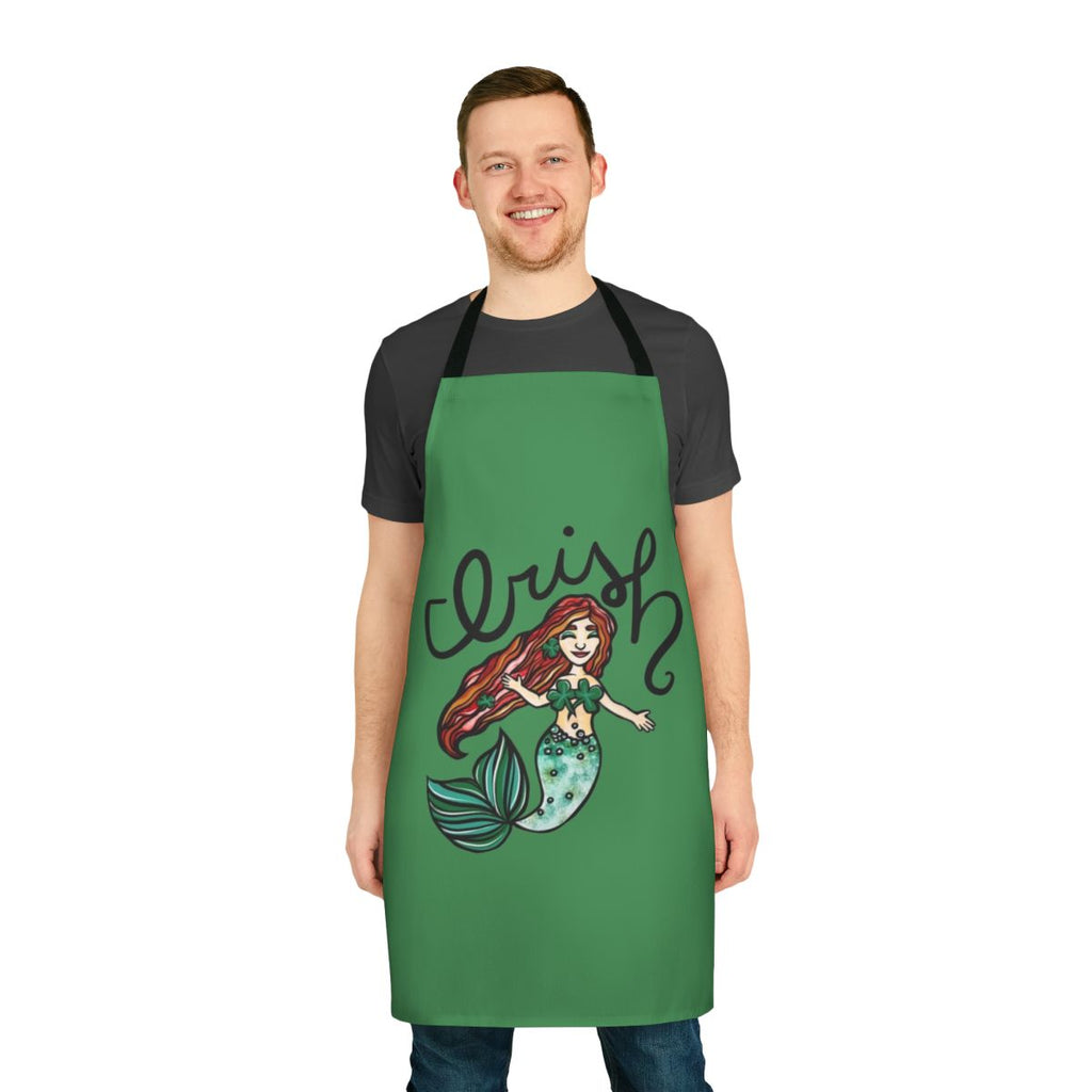 A vibrant, mermaid-themed apron featuring a redheaded mermaid in an Irish-inspired design.