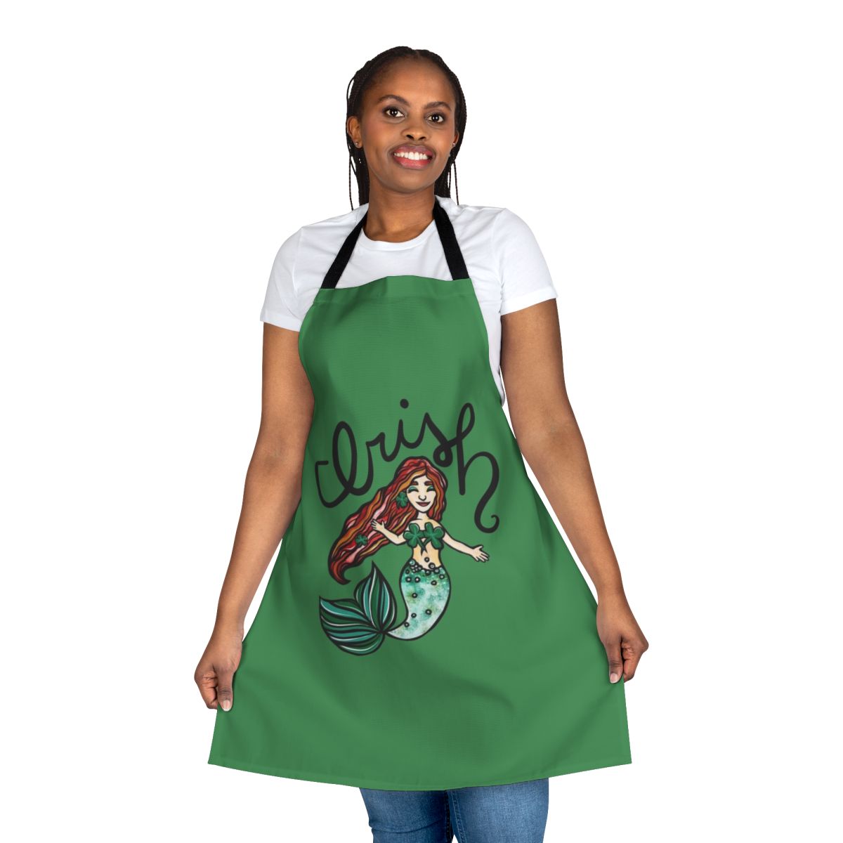 A vibrant, mermaid-themed apron featuring a redheaded mermaid in an Irish-inspired design.