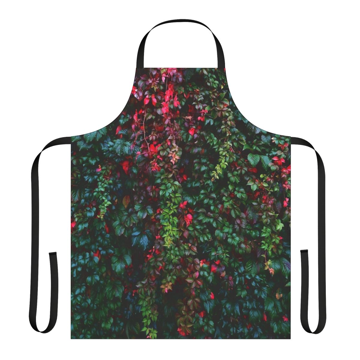 Model wearing an enchanting ivy-patterned apron in a natural, botanical setting