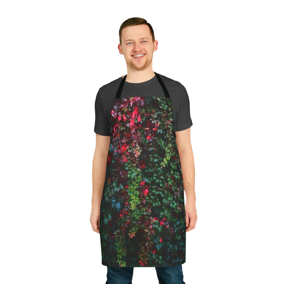 Model wearing an enchanting ivy-patterned apron in a natural, botanical setting