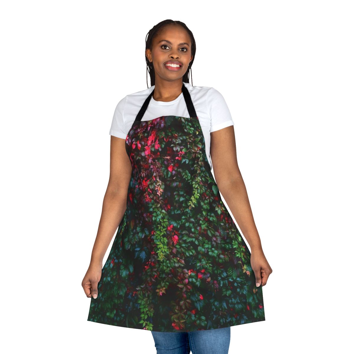 Model wearing an enchanting ivy-patterned apron in a natural, botanical setting