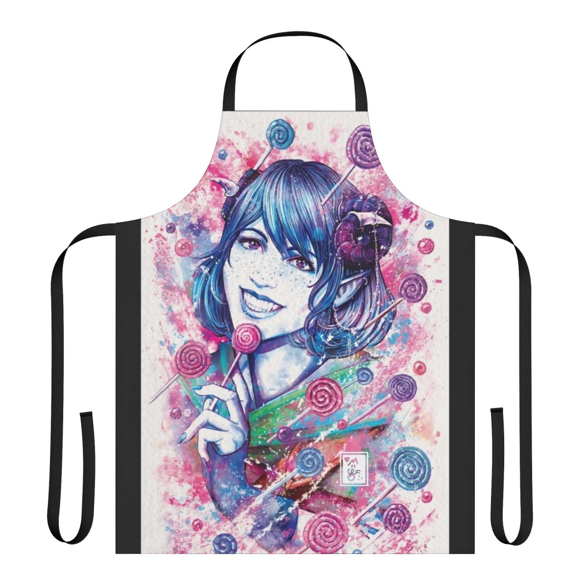 Vibrant watercolor-style Jester Lavorre apron with candy-themed design