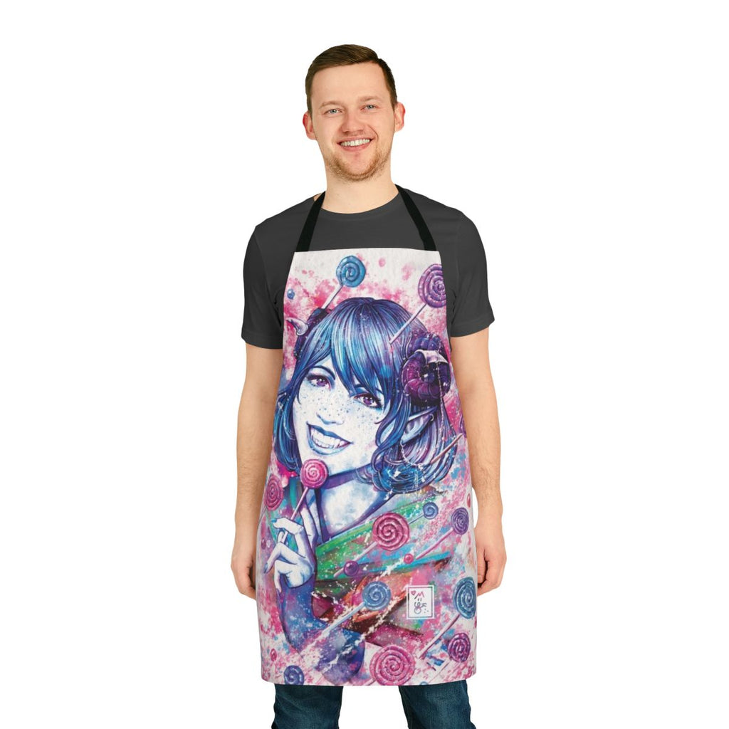 Vibrant watercolor-style Jester Lavorre apron with candy-themed design