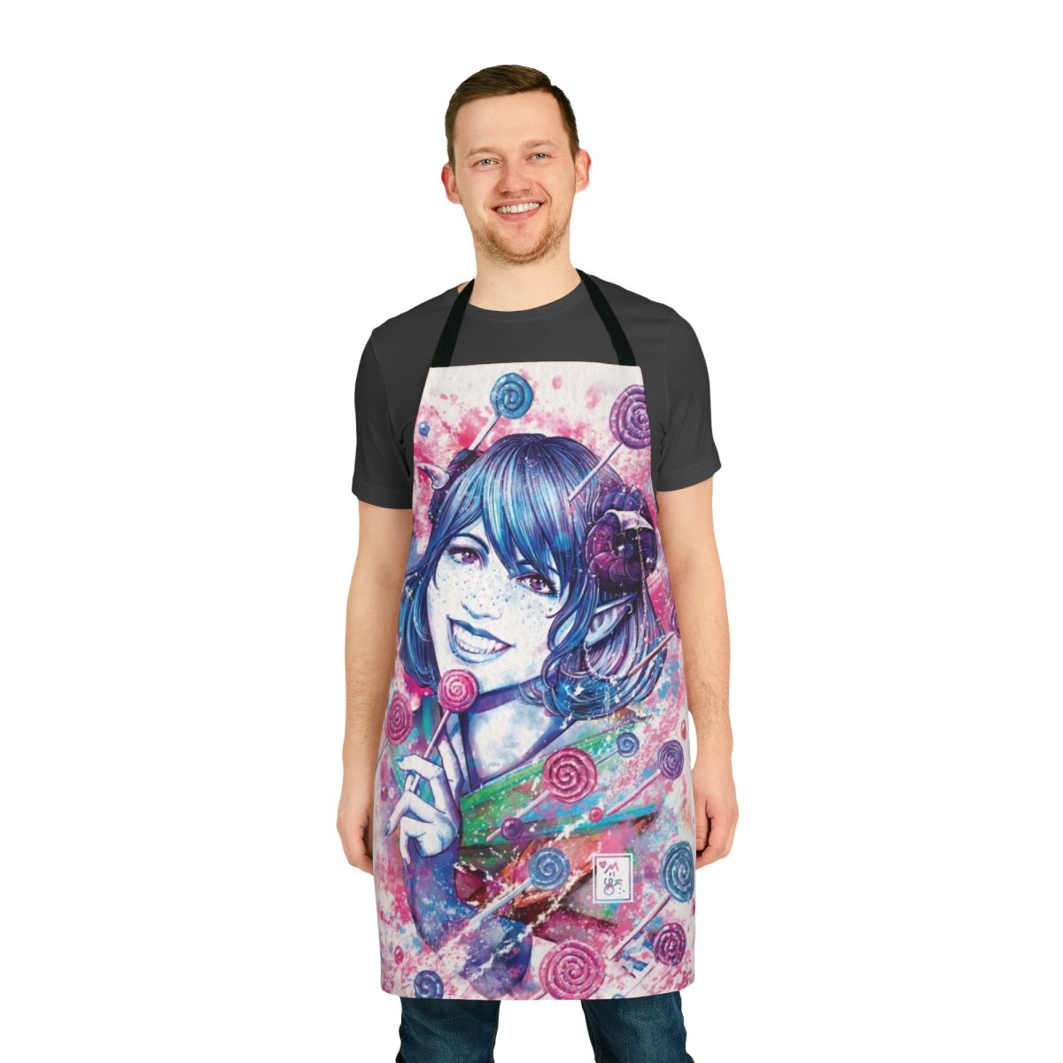 Vibrant watercolor-style Jester Lavorre apron with candy-themed design