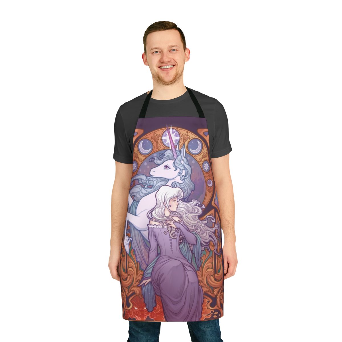 An artistic apron featuring the character Lady Amalthea from the classic fantasy film The Last Unicorn.