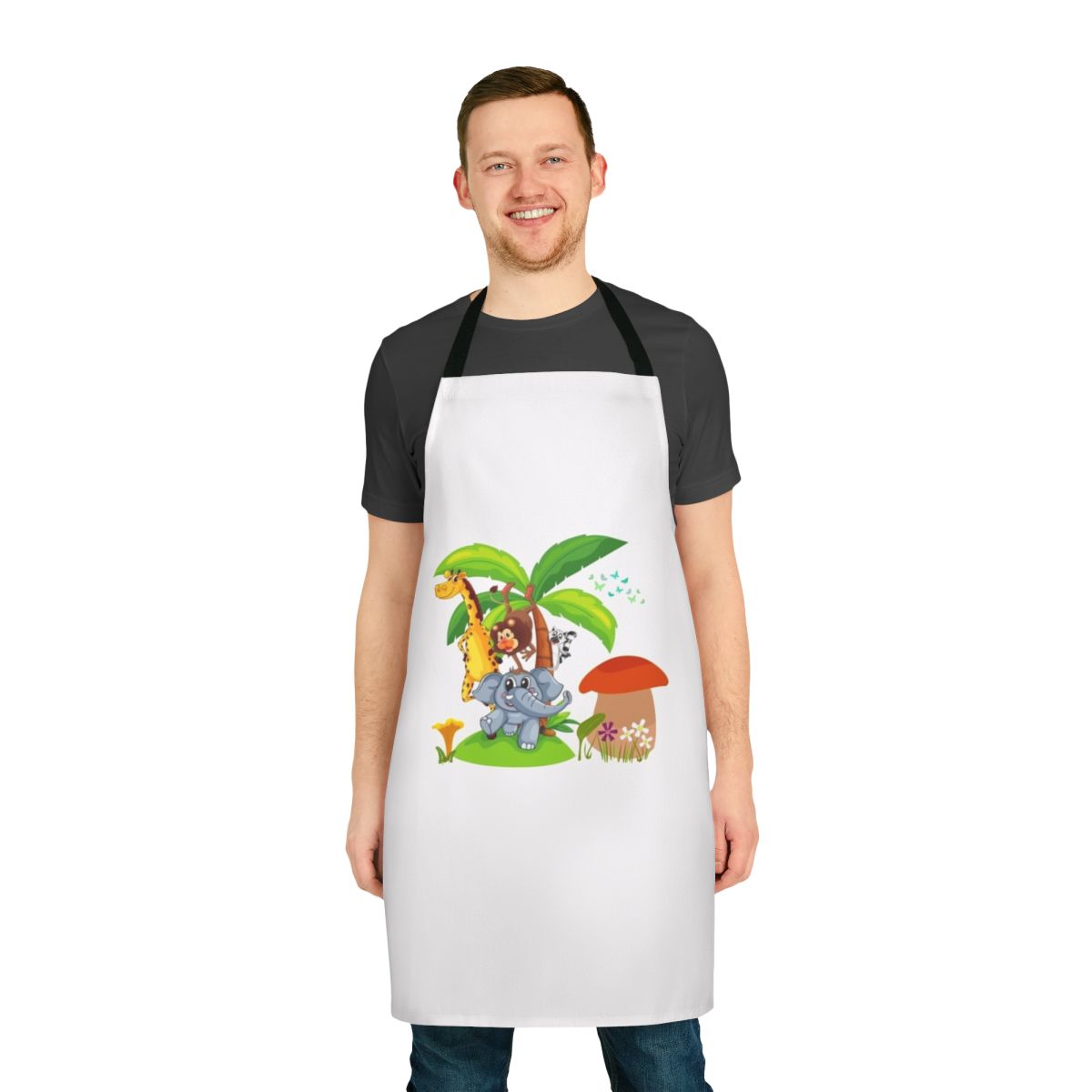 Apron featuring a vibrant design of legendary animals, including a dragon, unicorn, and falcon.