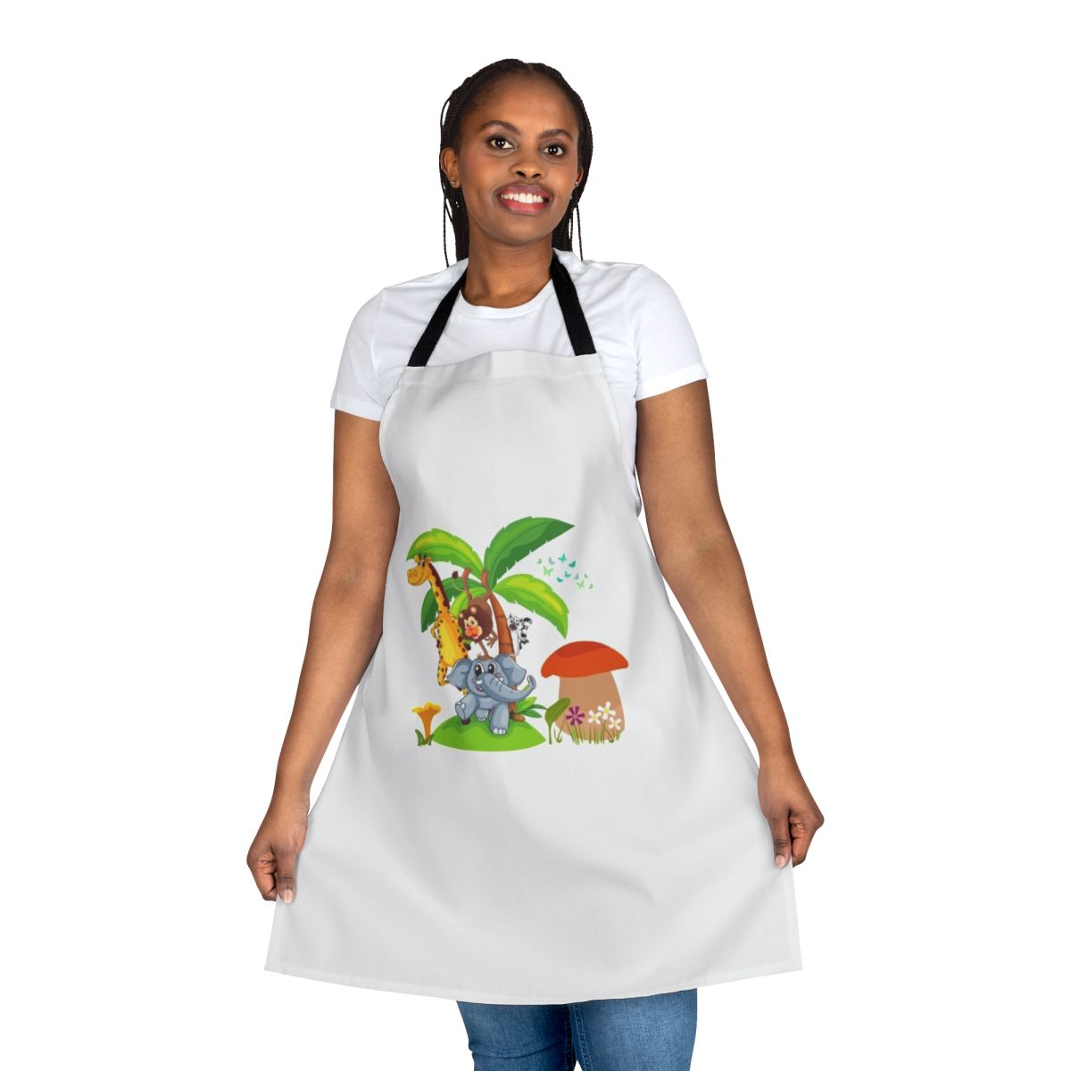 Apron featuring a vibrant design of legendary animals, including a dragon, unicorn, and falcon.