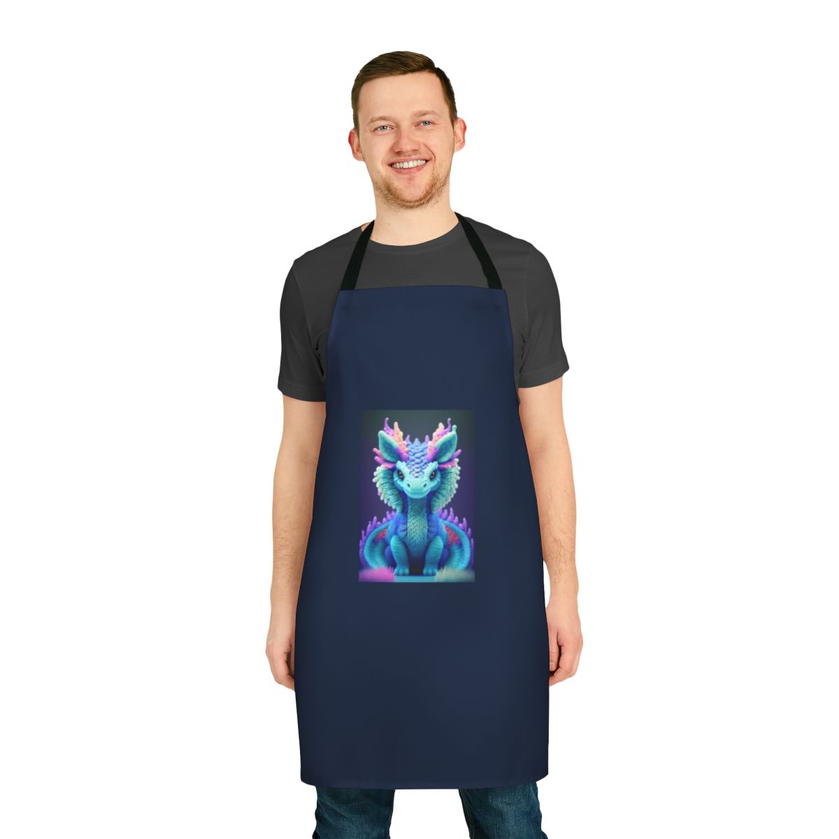 Whimsical apron featuring a detailed, vibrant depiction of a legendary mythical creature in a forest setting.