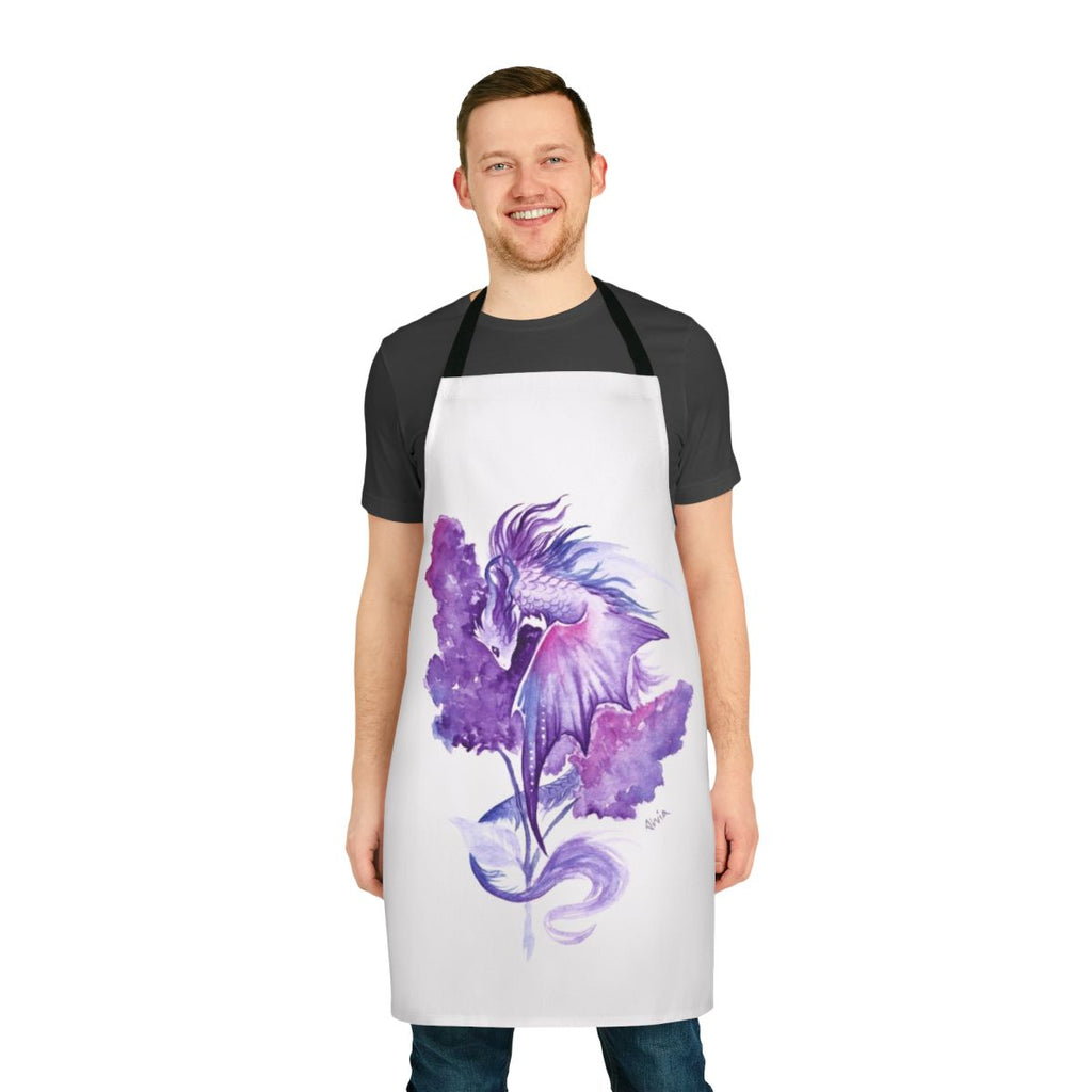 Vibrant lilac dragon and flower pattern on an apron
