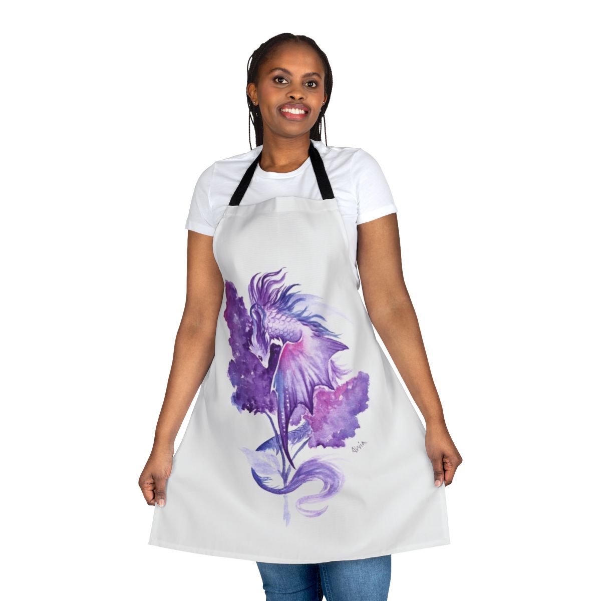 Vibrant lilac dragon and flower pattern on an apron