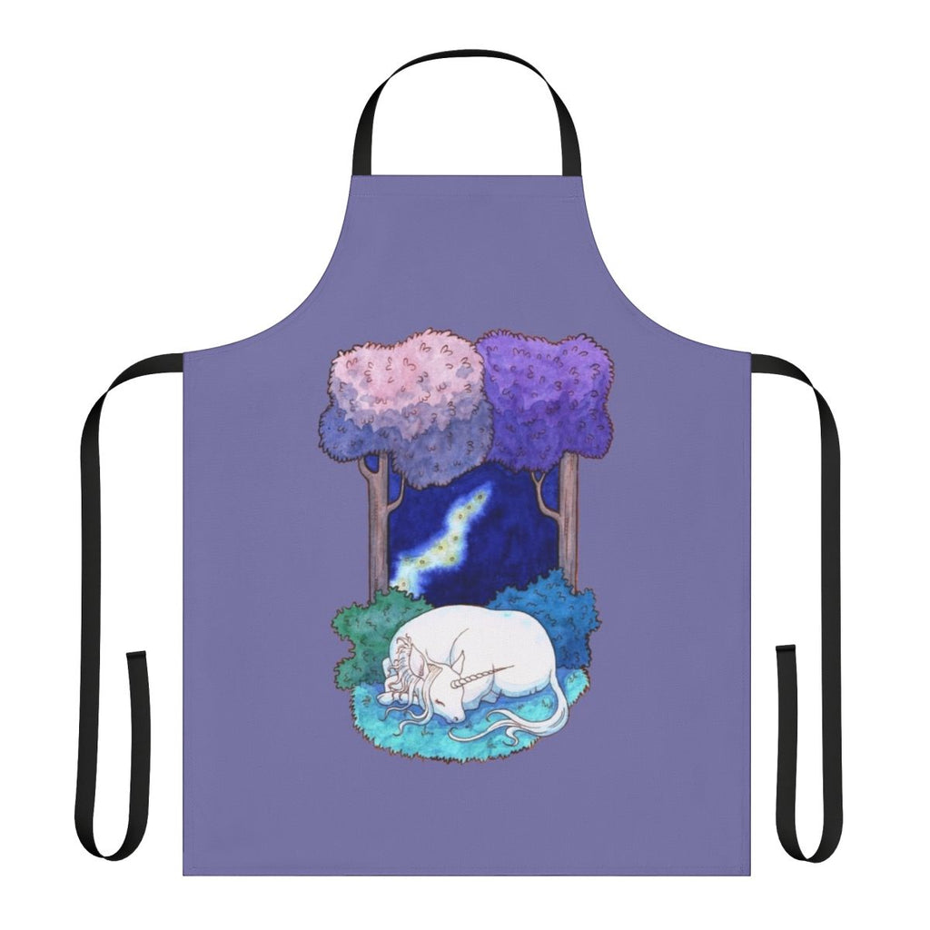 Illustration of a unicorn in a lilac forest, featured on a high-quality apron