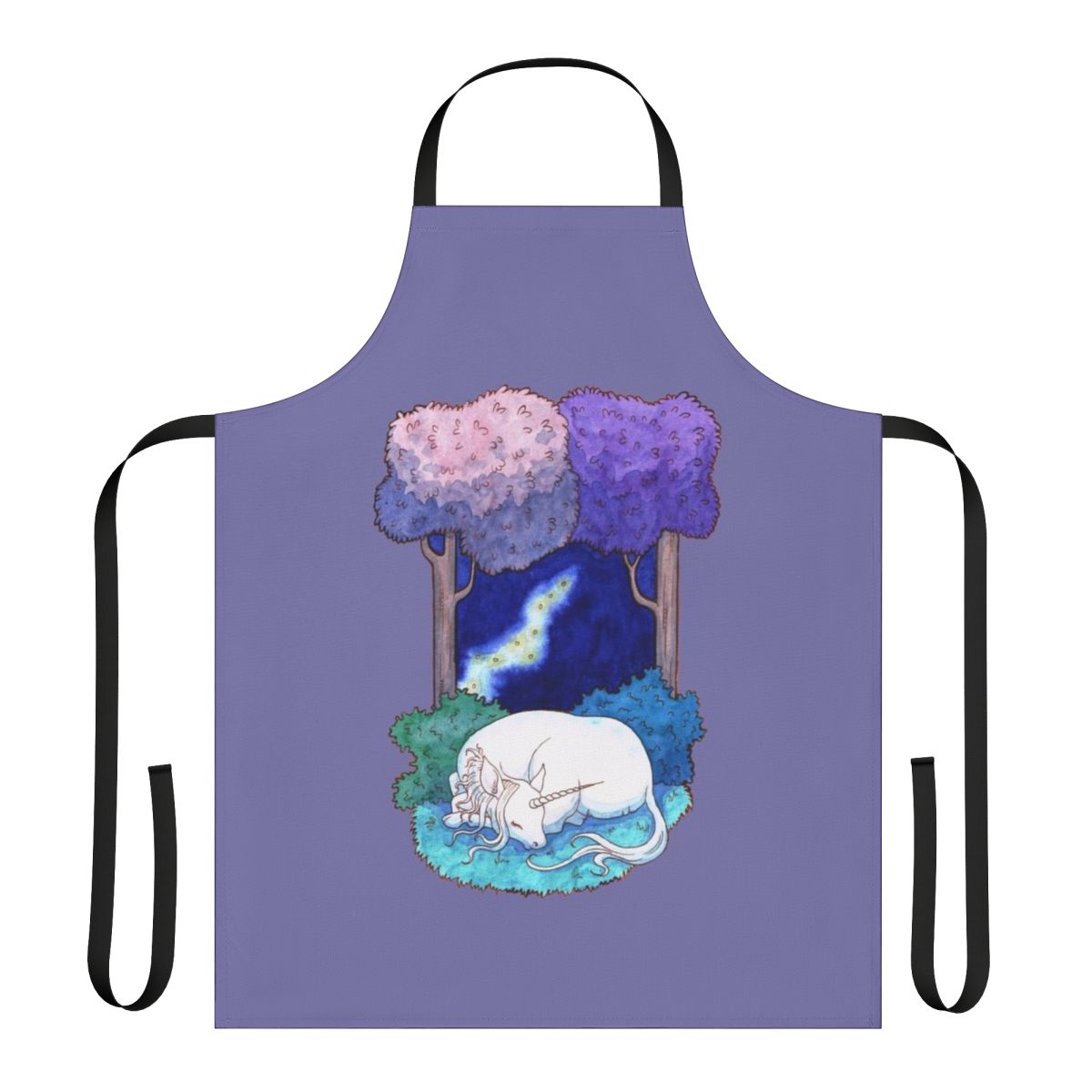 Illustration of a unicorn in a lilac forest, featured on a high-quality apron