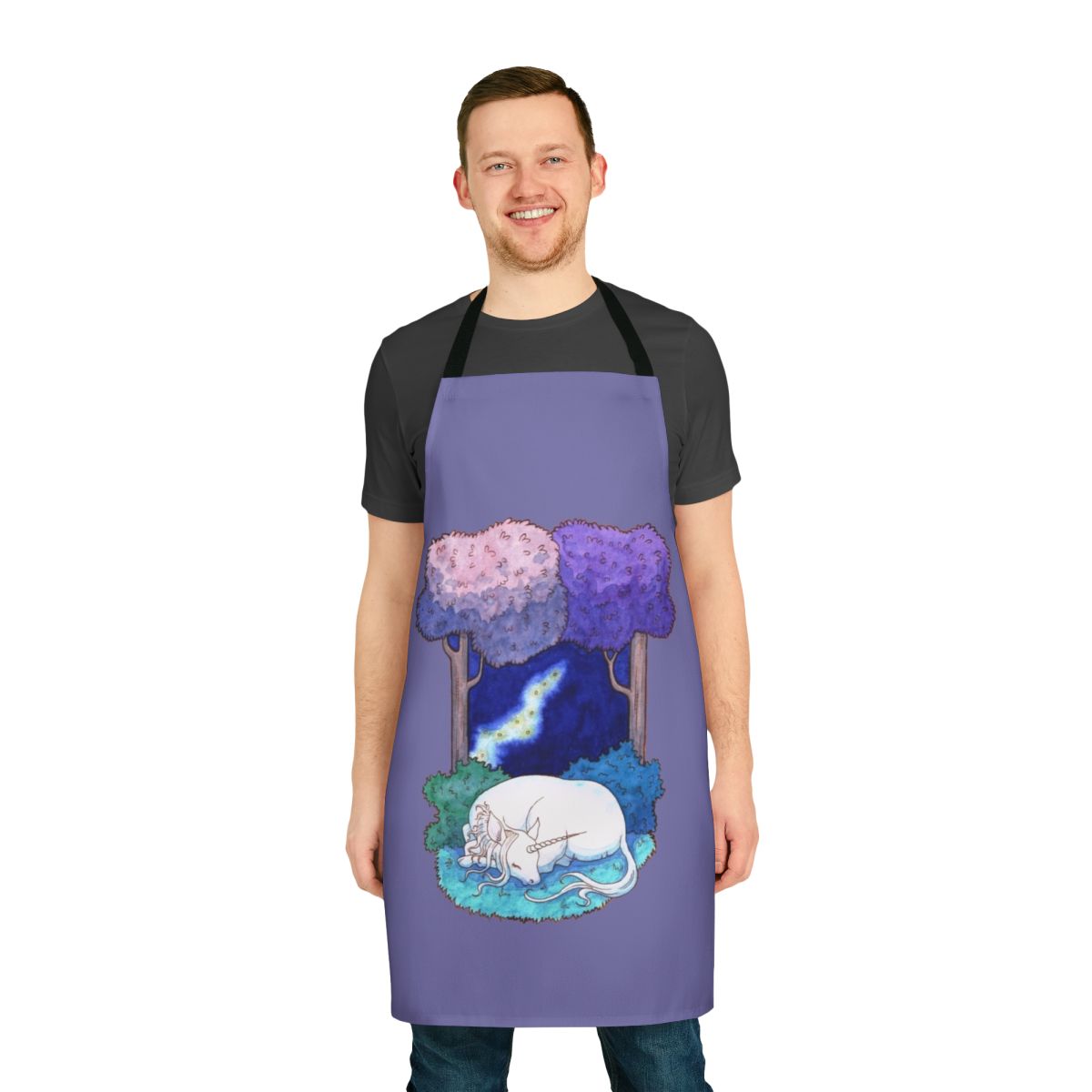 Illustration of a unicorn in a lilac forest, featured on a high-quality apron