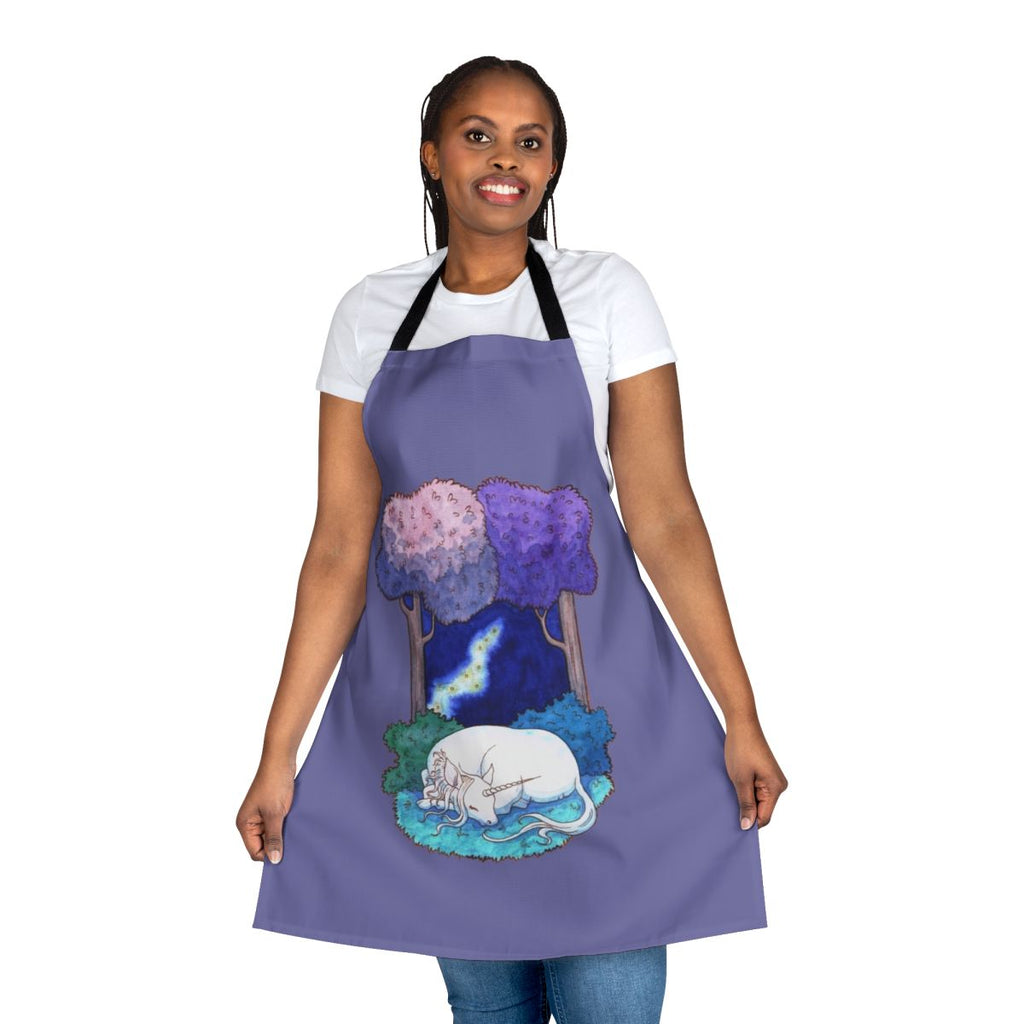 Illustration of a unicorn in a lilac forest, featured on a high-quality apron