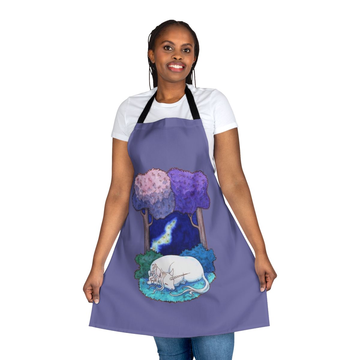 Illustration of a unicorn in a lilac forest, featured on a high-quality apron