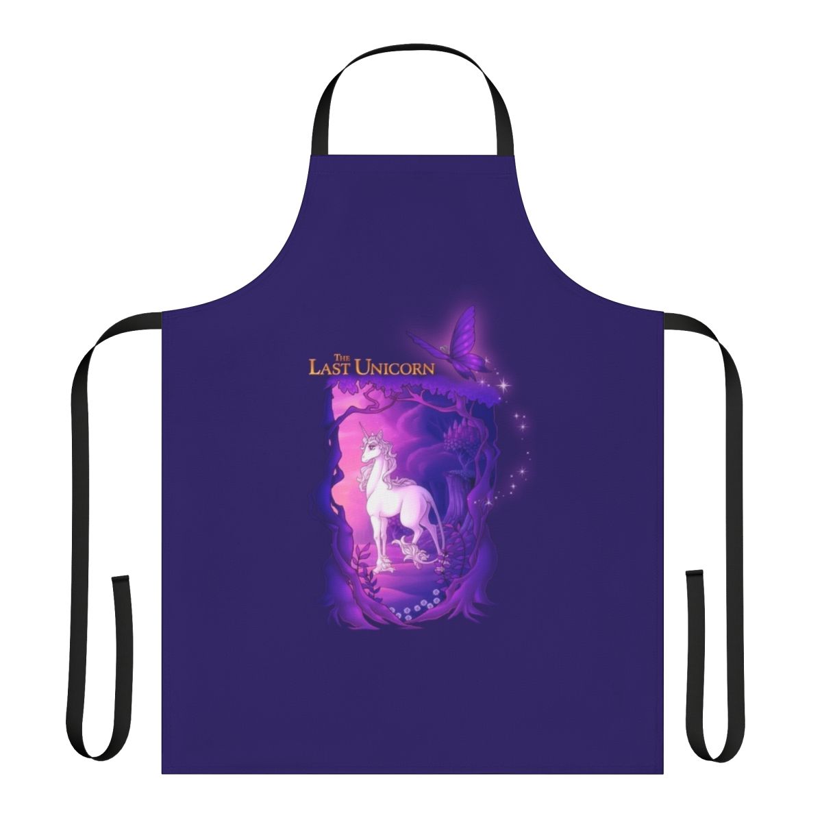 A purple apron featuring a whimsical enchanted forest scene with lilacs, butterflies, and a dreamy atmosphere.
