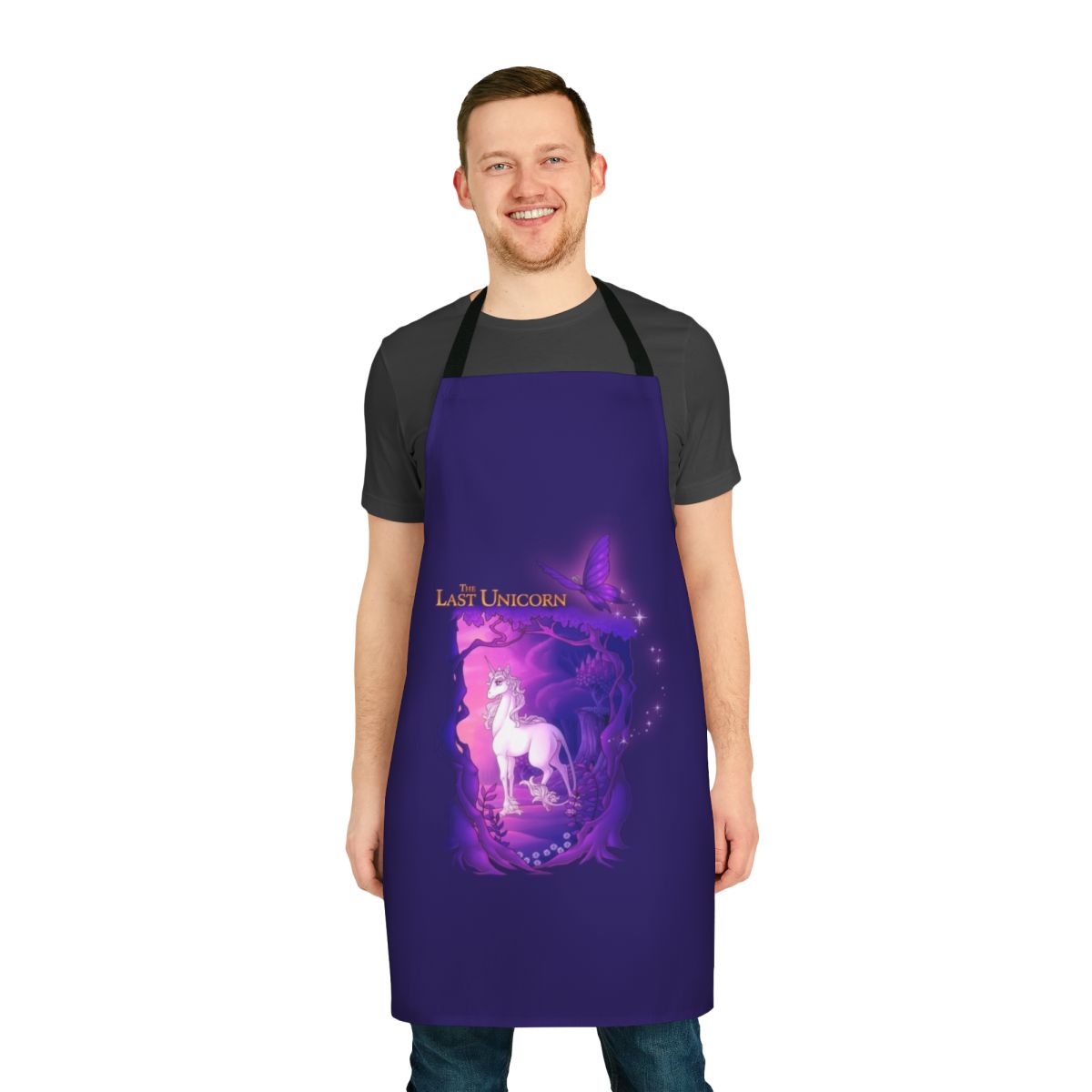 A purple apron featuring a whimsical enchanted forest scene with lilacs, butterflies, and a dreamy atmosphere.