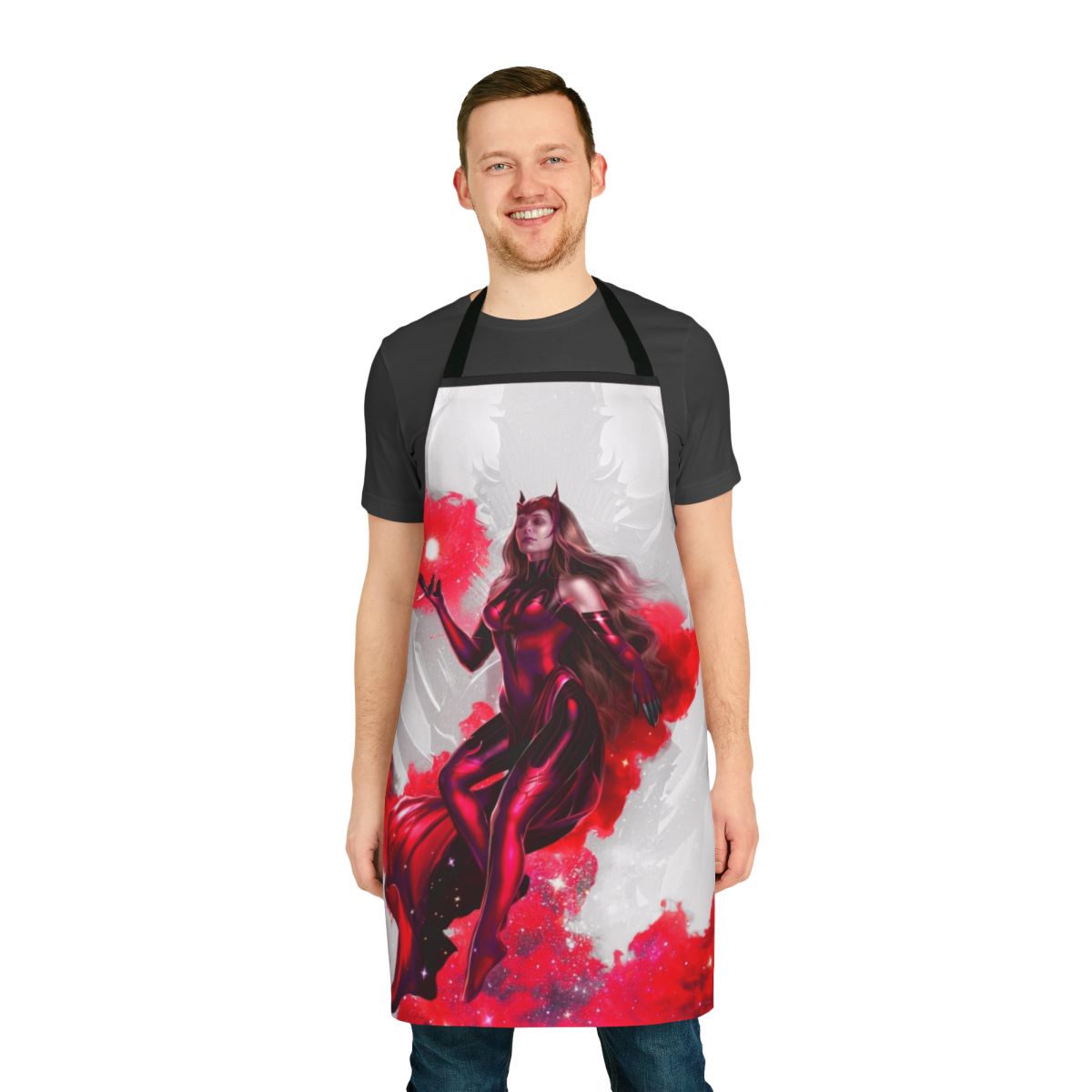 Vibrant red apron with magical design, perfect for fantasy and Halloween costumes.