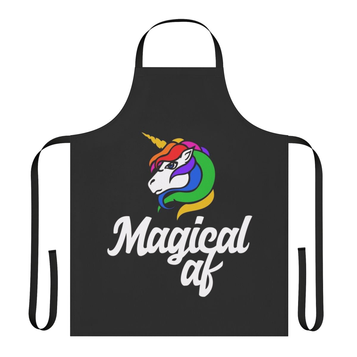 Whimsical apron featuring a rainbow unicorn and other magical creatures