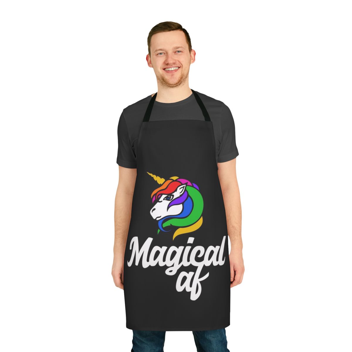 Whimsical apron featuring a rainbow unicorn and other magical creatures