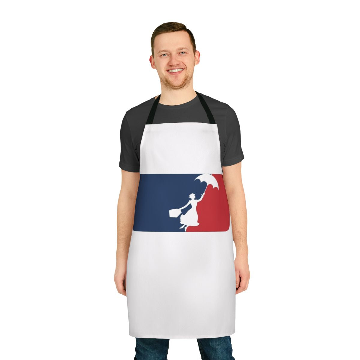 A whimsical apron featuring the magical nanny Mary Poppins and the famous "supercalifragilisticexpialidocious" phrase.