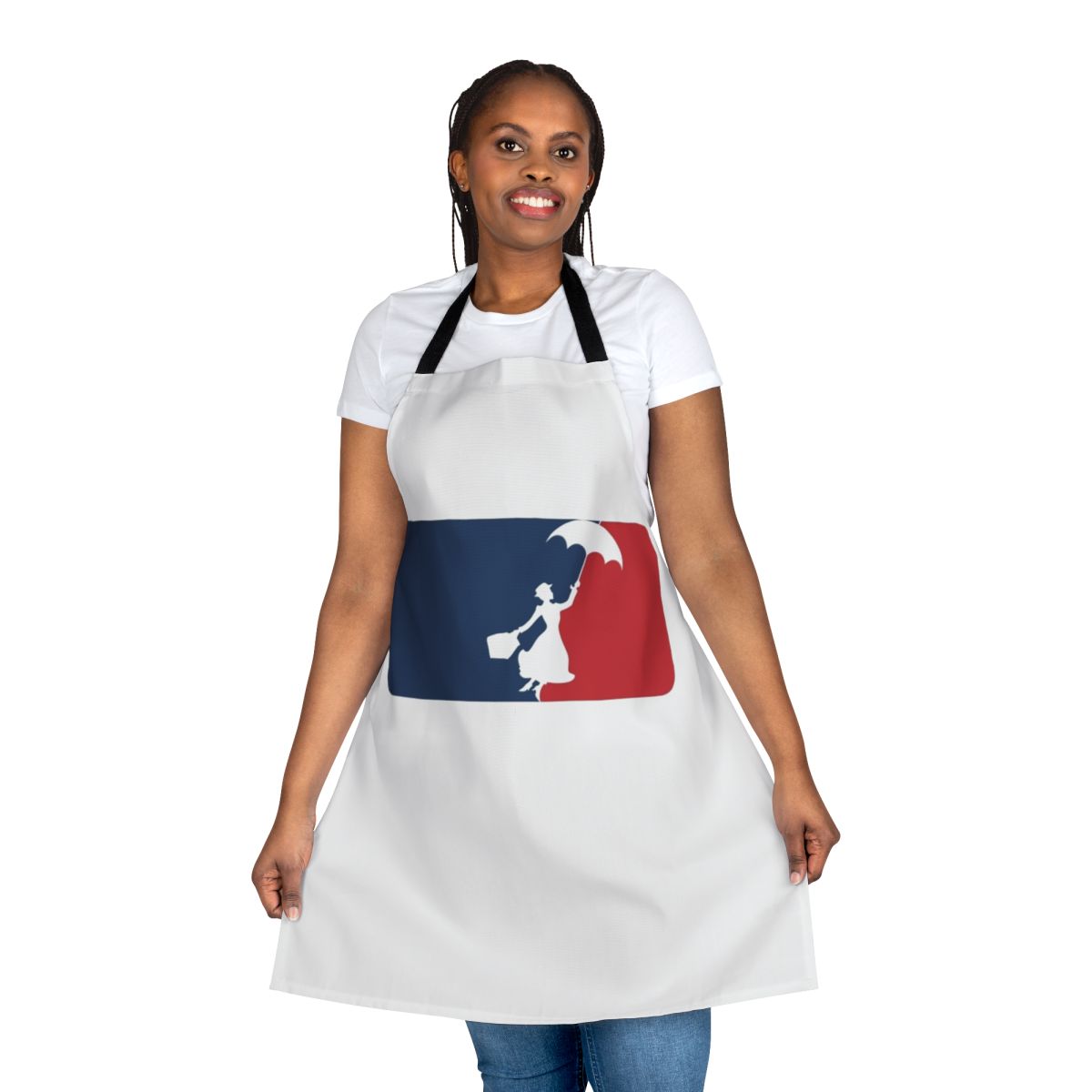 A whimsical apron featuring the magical nanny Mary Poppins and the famous "supercalifragilisticexpialidocious" phrase.