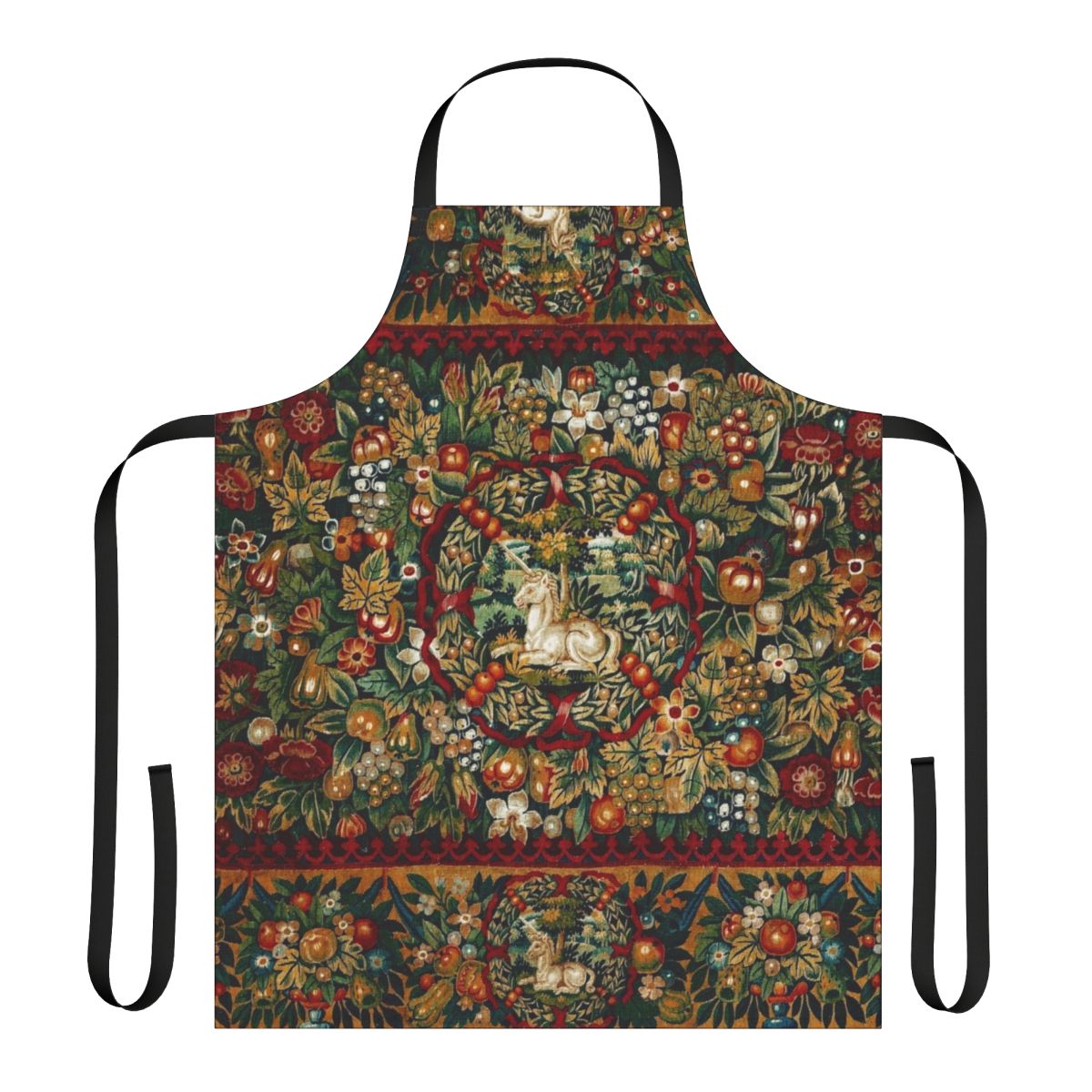 A beautiful medieval-style apron featuring a majestic unicorn and lush floral motifs in a gothic, magical design.