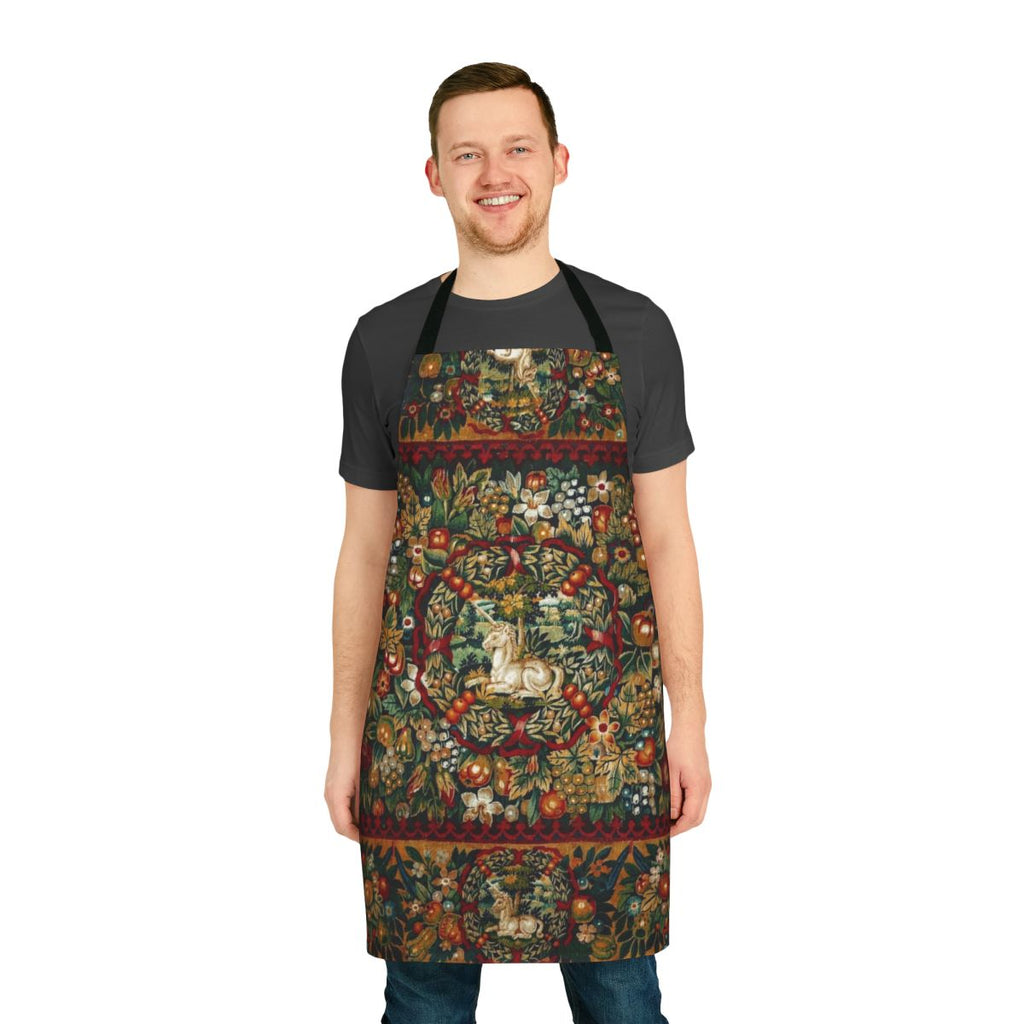A beautiful medieval-style apron featuring a majestic unicorn and lush floral motifs in a gothic, magical design.